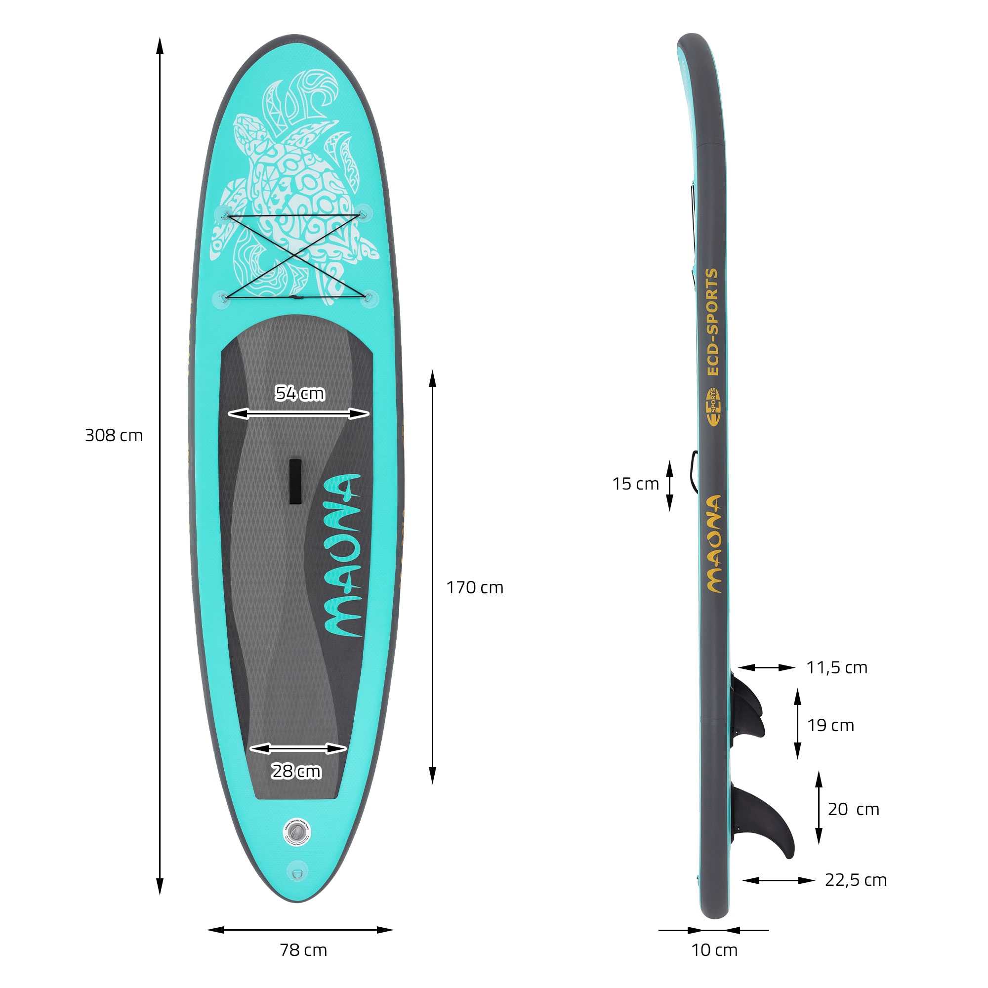 Ein blaues und graues Stand-Up-Paddleboard mit Maßangaben. Mit Schildkrötendesign und der Marke MAONA.