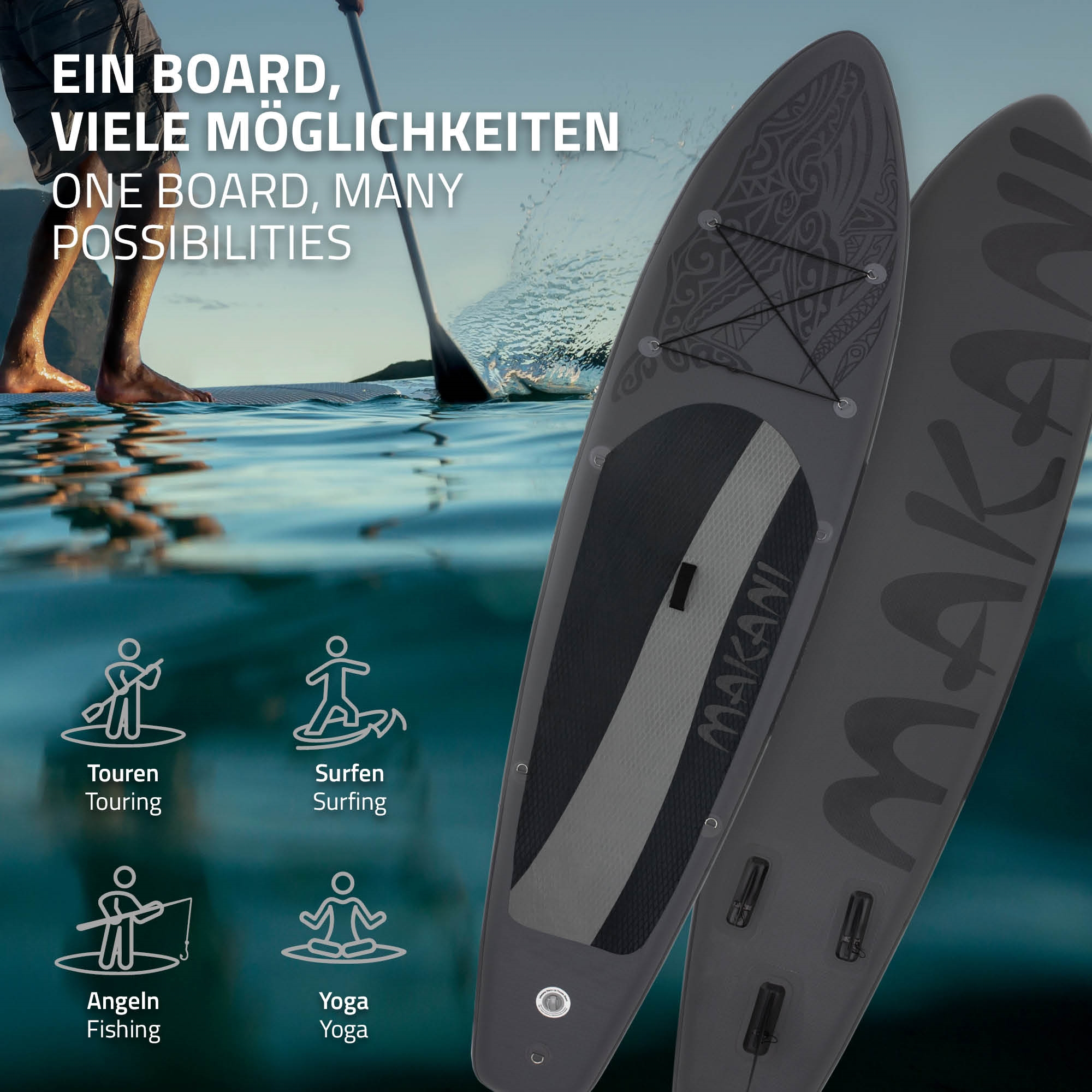 Zwei graue Paddleboards auf Wasser. Text: 'Ein Board, viele Möglichkeiten', mit Symbolen für Touren, Surfen, Angeln und Yoga.