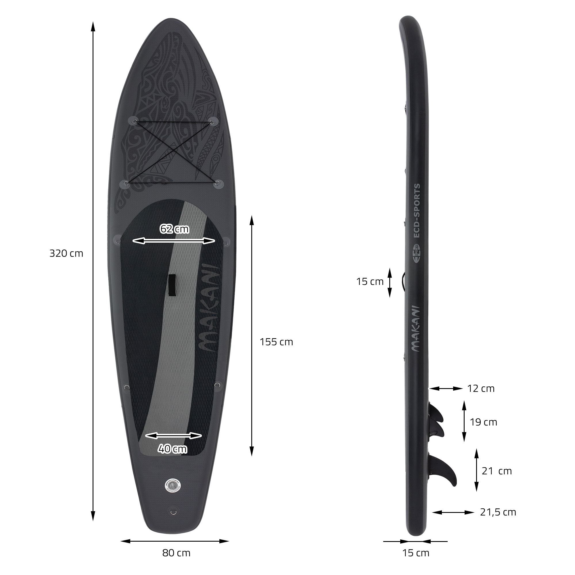 Ein schwarz-graues Paddleboard mit der Aufschrift MAKANI. Abmessungen werden angezeigt. Das Board hat ein Stammesdesign.