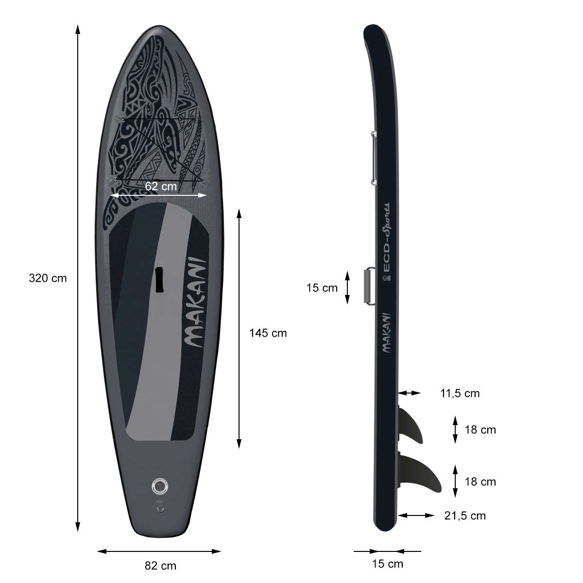 Ein Paddleboard mit Maßangaben. Das Board ist dunkelgrau und trägt den Namen MAKANI. Es gibt auch Flossen und andere Spezifikationen.