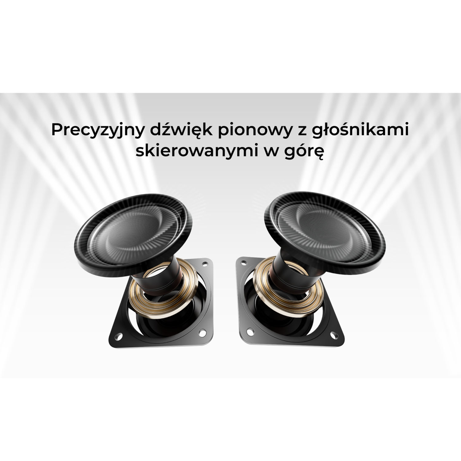 Dwa czarne głośniki ze złotymi pierścieniami i czarnymi podstawami na białym tle. Głośniki są skierowane w stronę widza.