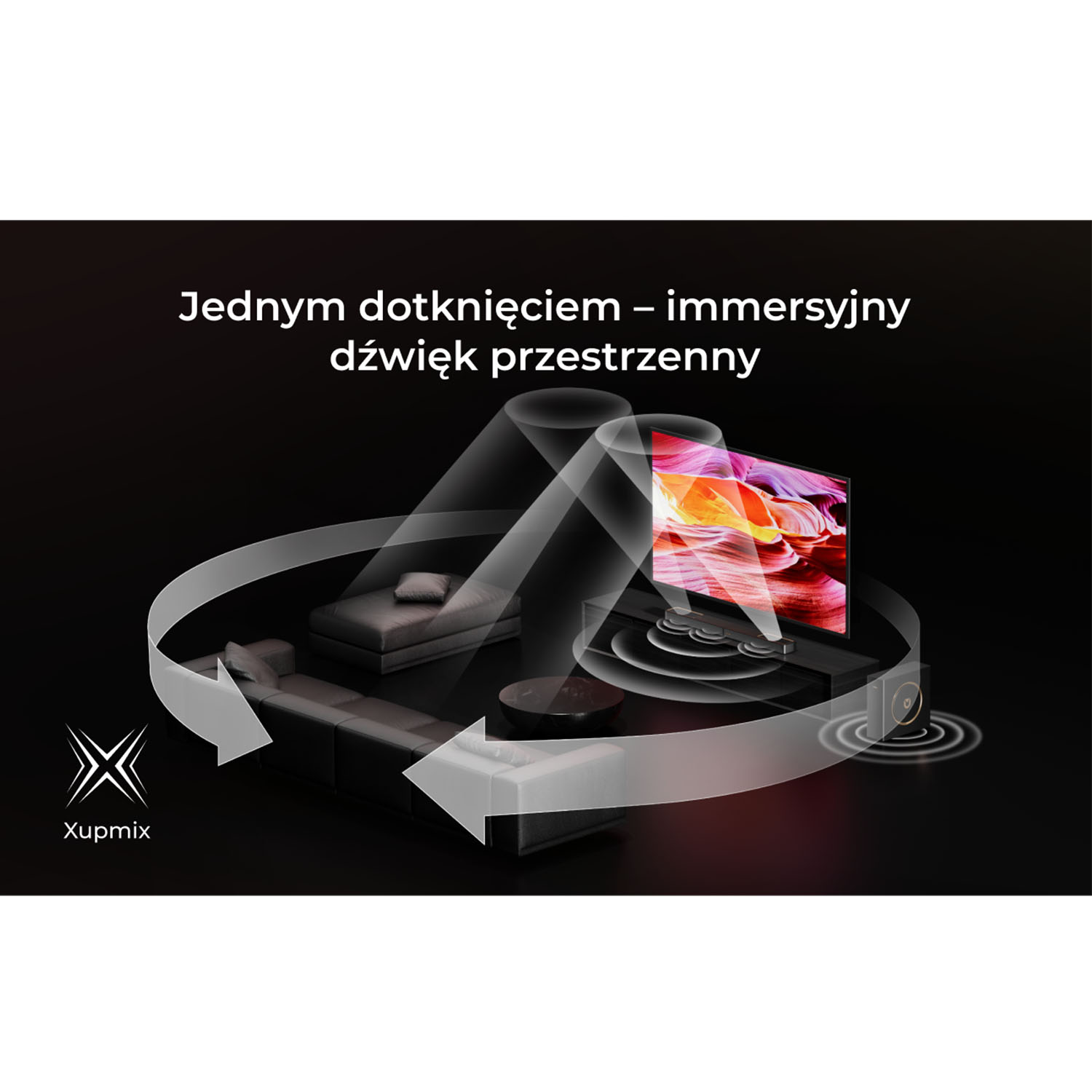 Ilustracja przedstawiająca konfigurację kina domowego. Telewizor wyświetla kolorowy obraz. Strzałki wskazują dźwięk, a także obecne jest logo Xupmix.