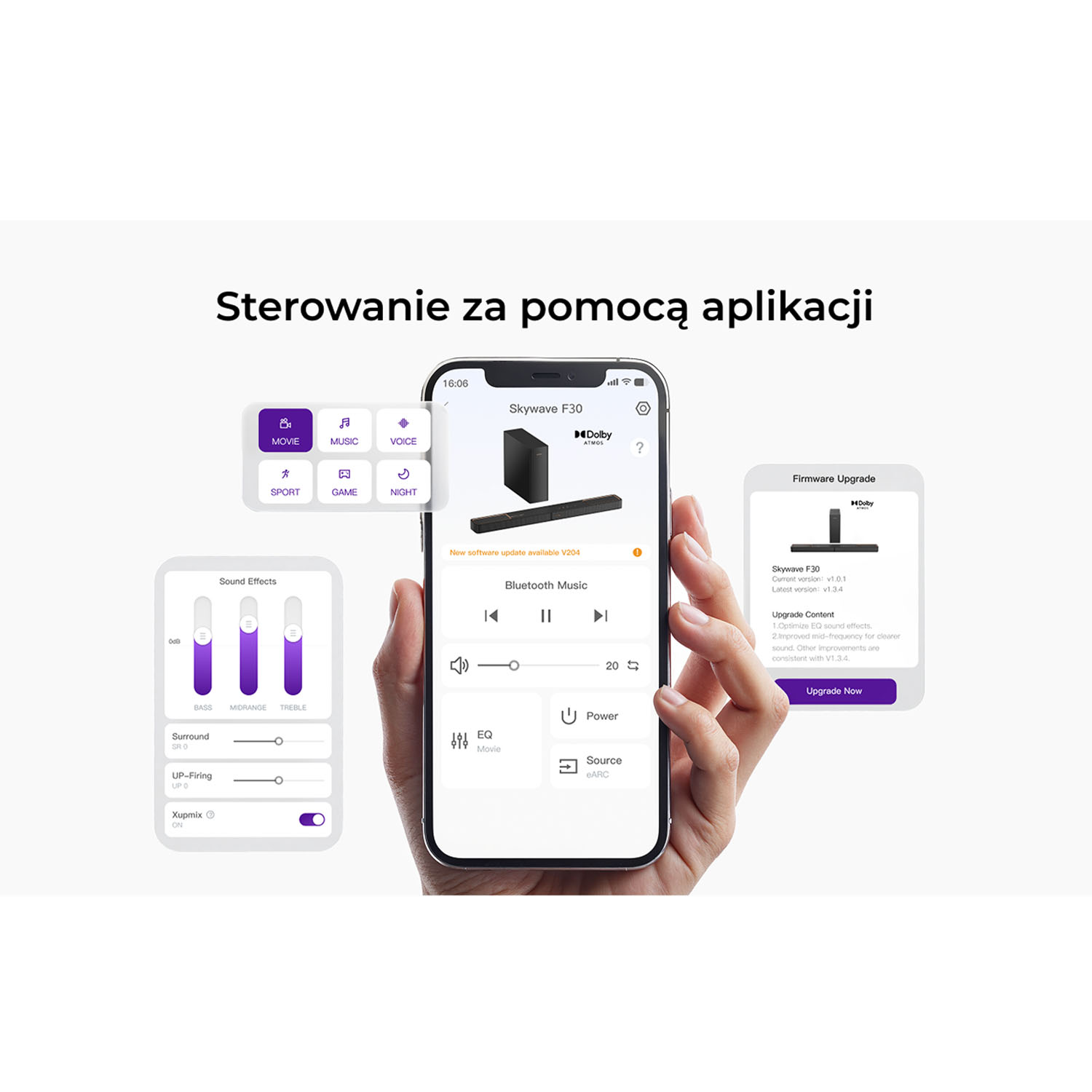 Dłoń trzyma telefon z aplikacją soundbara. Ekran pokazuje elementy sterowania dźwiękiem i opcje aktualizacji oprogramowania.