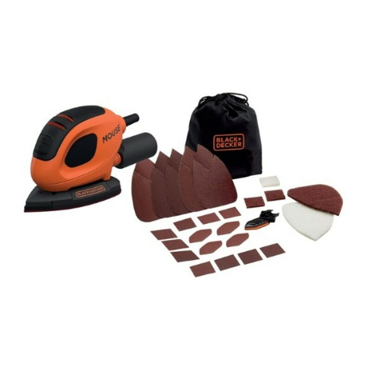 Une ponceuse Mouse Black+Decker orange et noire avec accessoires, dont des tampons de ponçage, un sac et un petit objet en forme de chaussure.
