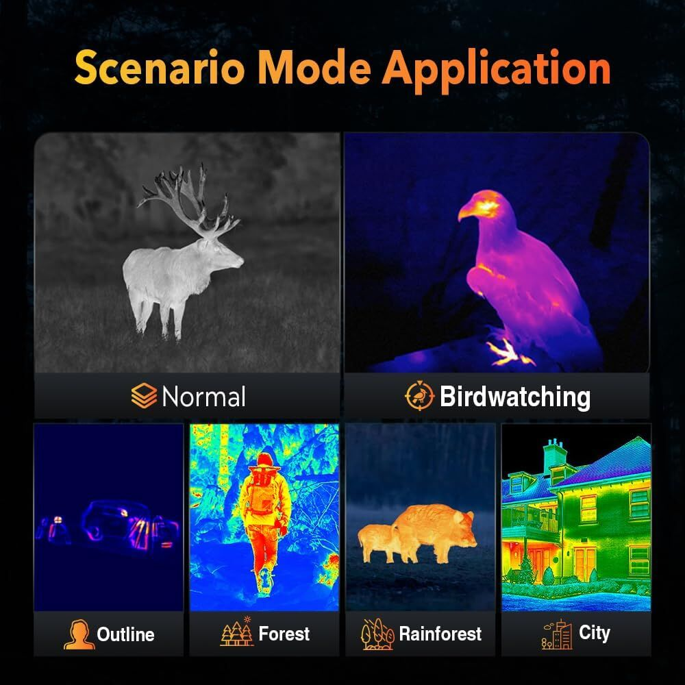 Imagen que muestra aplicaciones de modo de escenario. Muestra ciervo, pájaro, coche, persona en el bosque, un jabalí y edificios en diferentes modos.