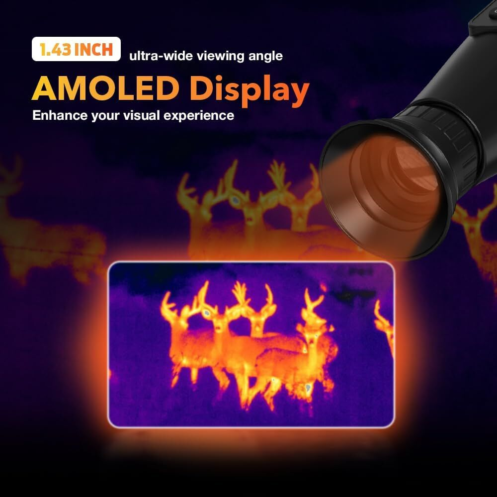 Dispositivo de imagen térmica que muestra ciervos. El dispositivo tiene una pantalla AMOLED de 1,43 pulgadas. La imagen muestra los ciervos en naranja sobre un fondo púrpura.