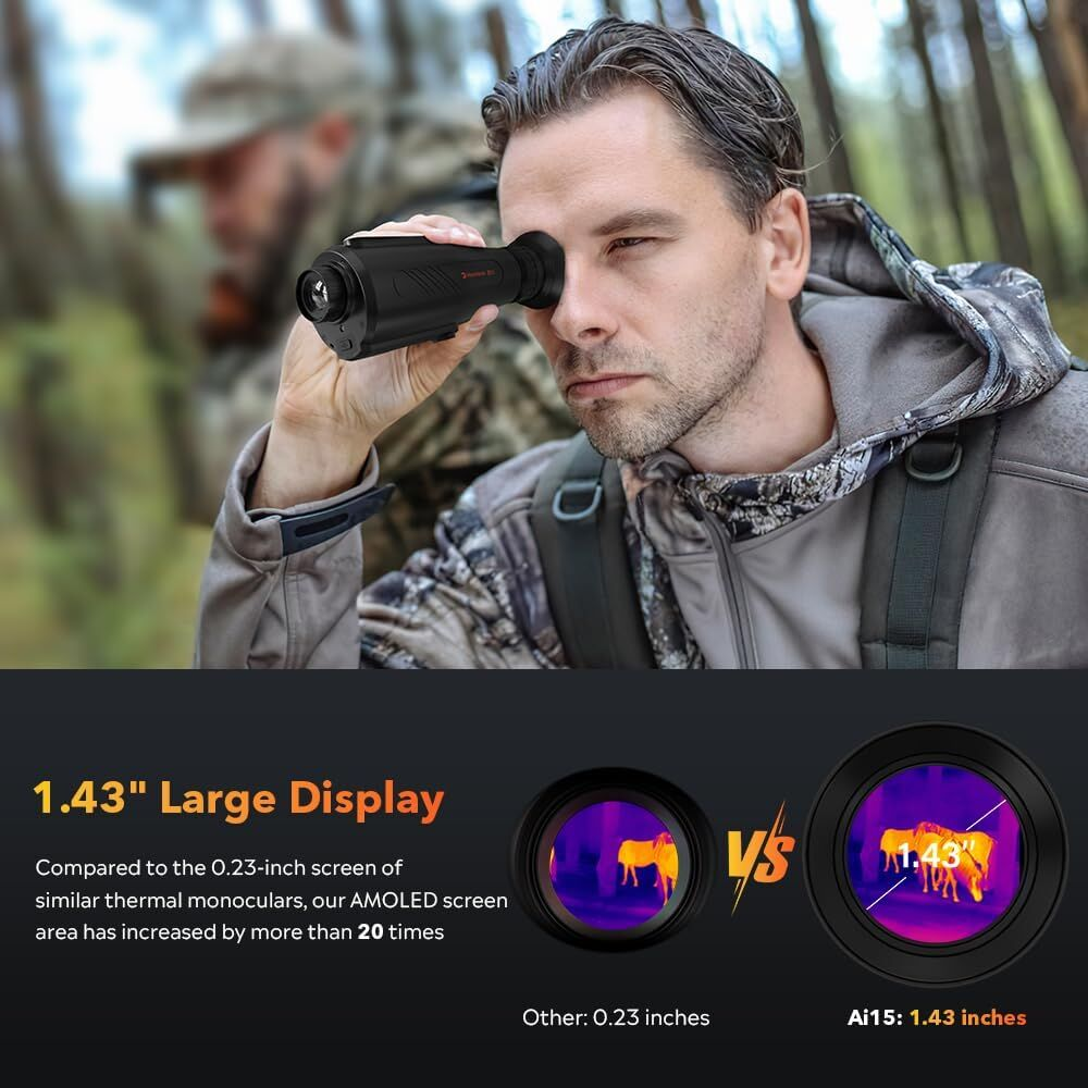 Hombre usando un monocular térmico. Pantallas comparan tamaños: 0.23 pulgadas vs 1.43 pulgadas. Fondo muestra persona borrosa en camuflaje.