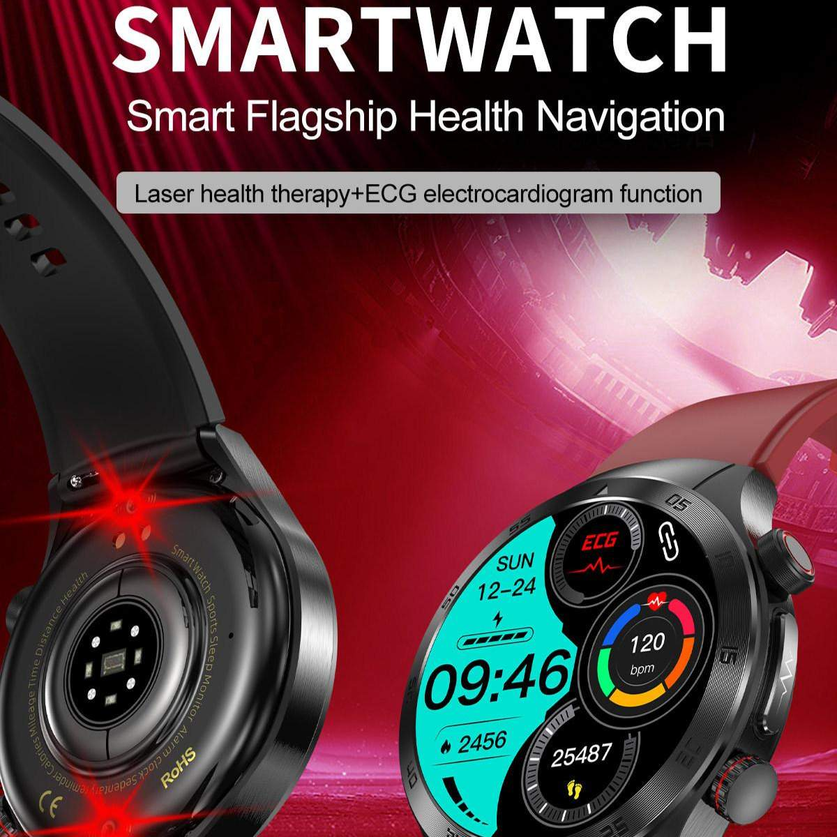 Eine Smartwatch mit schwarzem Band zeigt Zeit, Herzfrequenz und Gesundheitsmetriken an. Oben steht 'SMARTWATCH'.