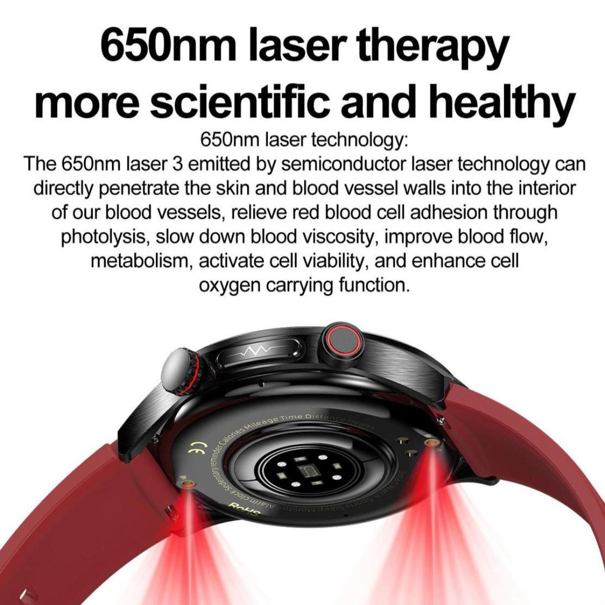 Eine schwarze Smartwatch mit rotem Armband. Rote Lichtstrahlen gehen von der Uhr aus, Text erklärt Lasertherapie.