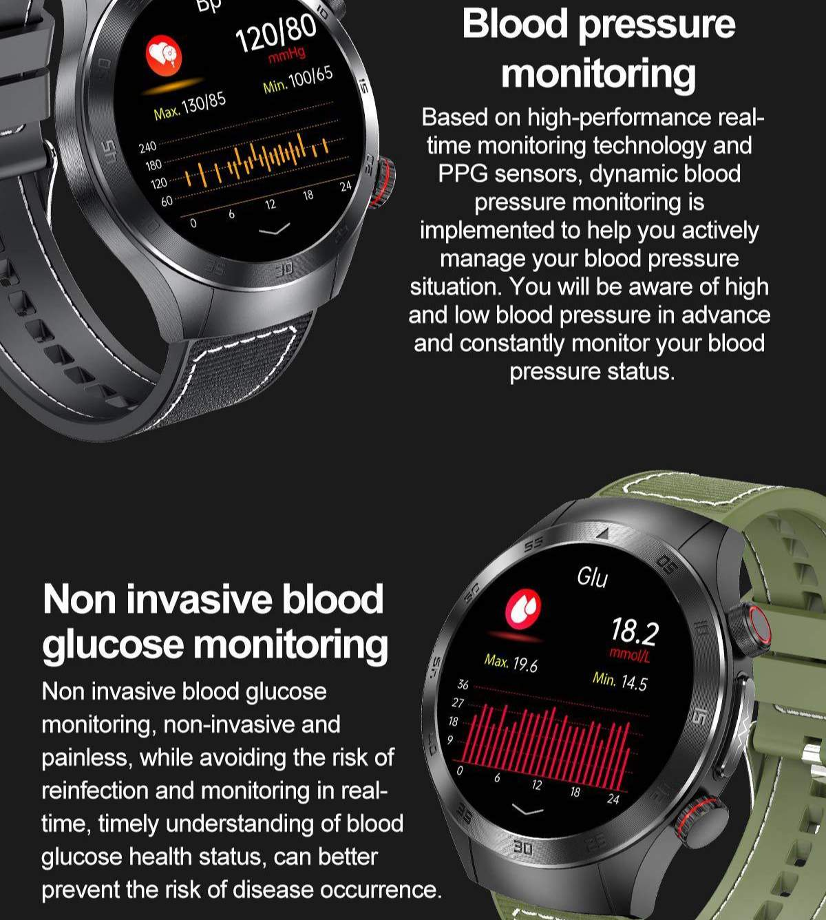 Zwei Smartwatches zeigen Gesundheitsmetriken an. Eine zeigt den Blutdruck, die andere den Glukosespiegel. Beide haben schwarze Gehäuse und Armbänder.