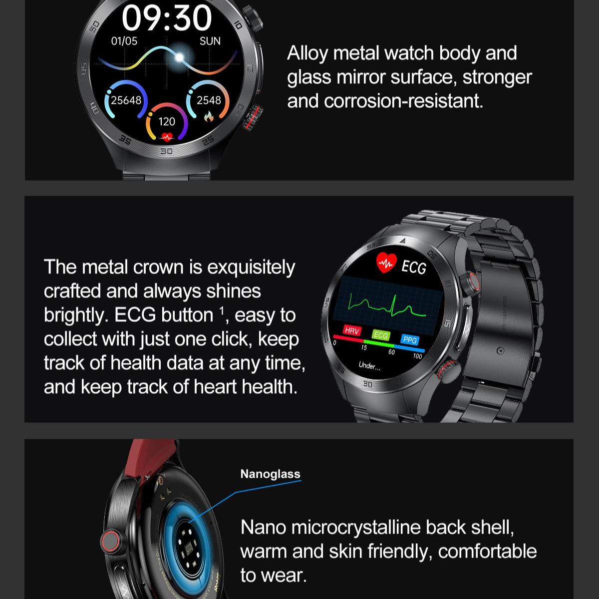 Smartwatch mit Uhrzeit, Gesundheitsdaten und EKG. Merkmale: Metallgehäuse, Glasoberfläche und Nano-Rückenschale.