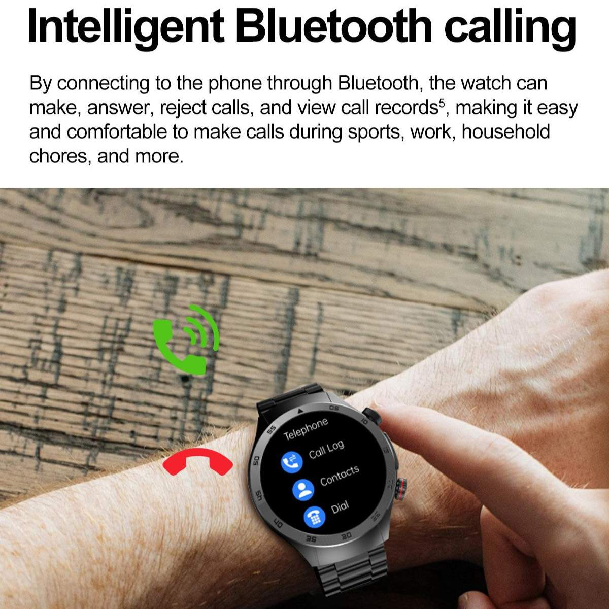 Eine Smartwatch am Handgelenk zeigt Anruffunktionen. Symbole für Telefon, Anrufliste, Kontakte und Wählen sind sichtbar. Der Hintergrund ist Holz.