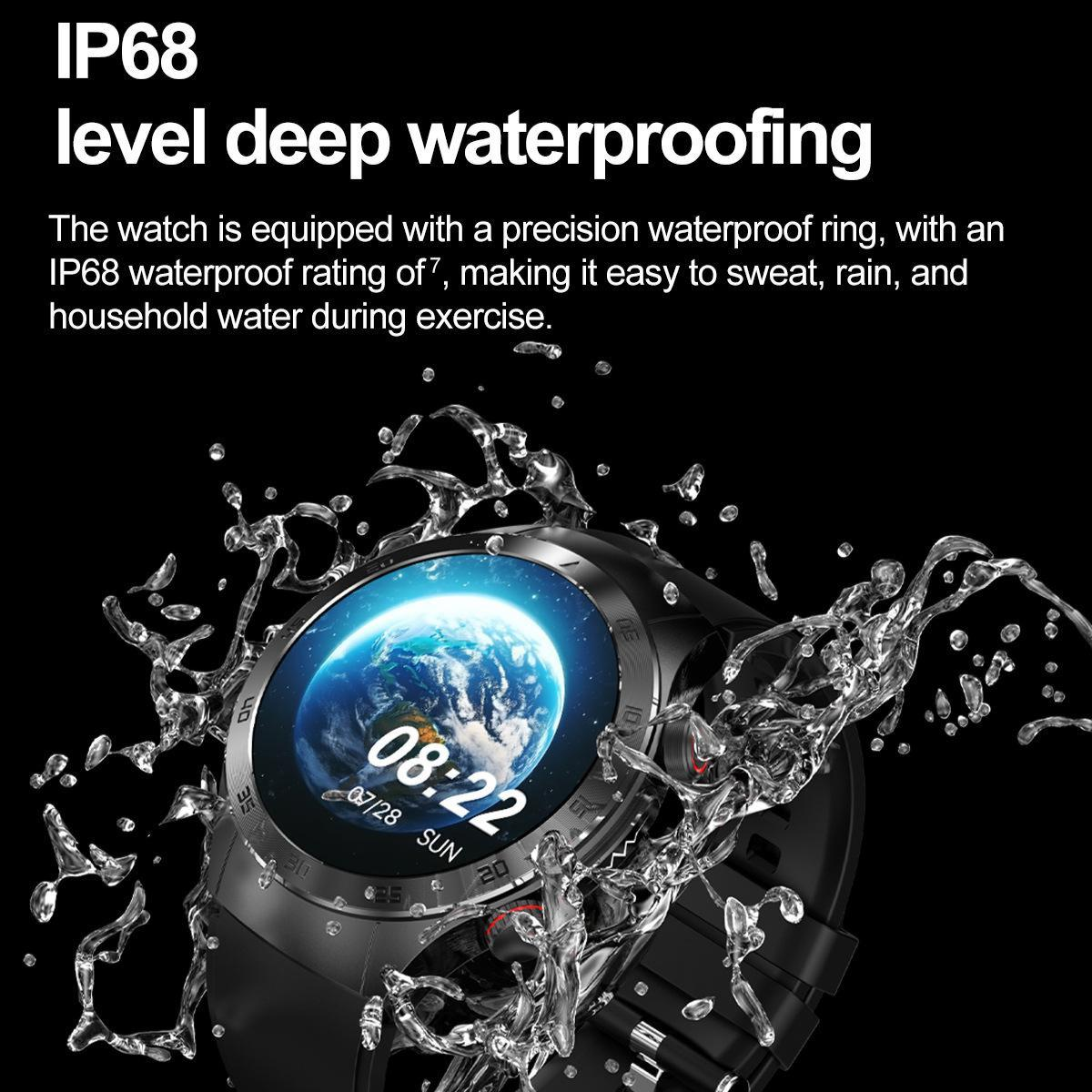 Eine schwarze Smartwatch mit Wasserspritzern. Das Zifferblatt zeigt die Uhrzeit und ein Globusbild. Der Text 'IP68' steht oben.