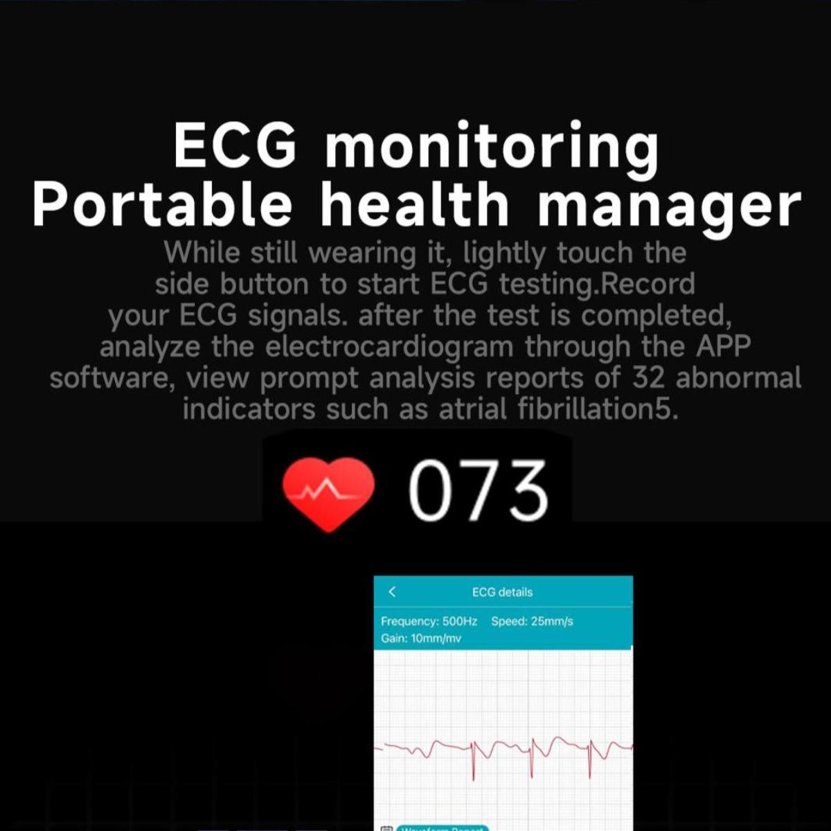 Das Bild zeigt einen EKG-Monitor mit einem roten Herzsymbol und der Nummer 073. Ein Bildschirm zeigt EKG-Details und Wellenformdaten.