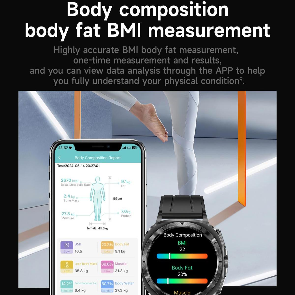 Das Bild zeigt einen Telefonbildschirm mit Körperzusammensetzungsdaten, eine Smartwatch und die Beine einer Person. Der Text oben lautet "Körperzusammensetzung".
