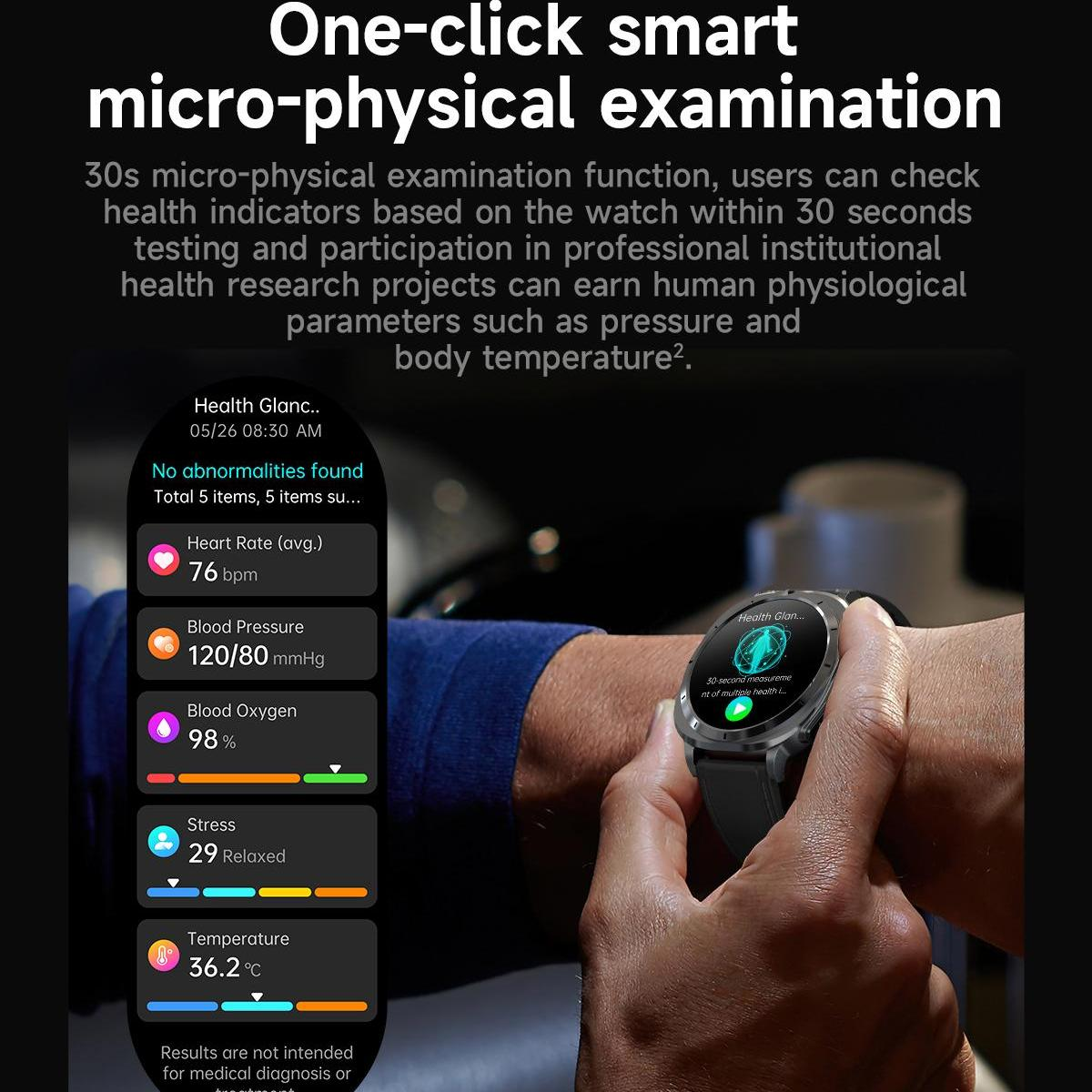 Eine Smartwatch zeigt Gesundheitsmetriken an: Herzfrequenz, Blutdruck, Blutsauerstoff, Stress und Temperatur. Die Uhr ist am Handgelenk einer Person.