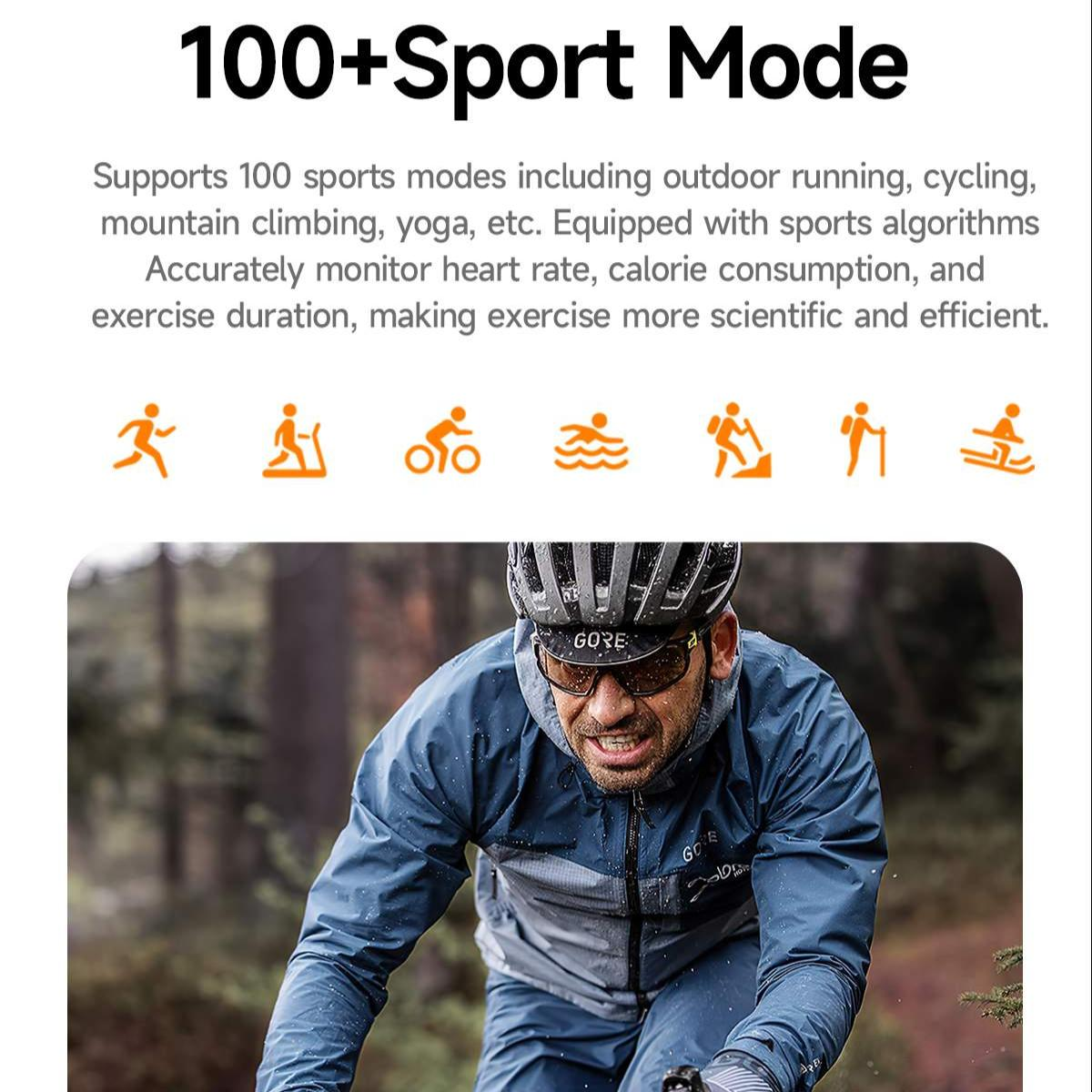 Das Bild zeigt einen Mann beim Radfahren. Der Text oben lautet „100+Sport Mode“. Symbole verschiedener Sportarten sind vorhanden. Der Mann trägt einen Helm.