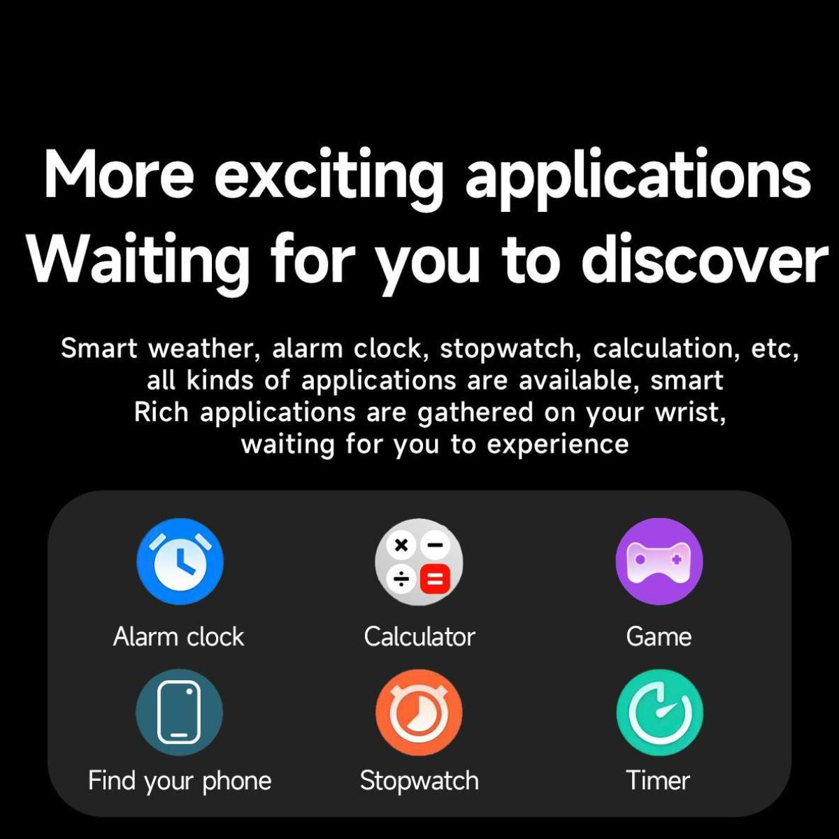 Ein schwarzer Hintergrund mit weißem Text. Es zeigt Anwendungs-Icons: Wecker, Rechner, Spiel, Telefon finden, Stoppuhr und Timer.