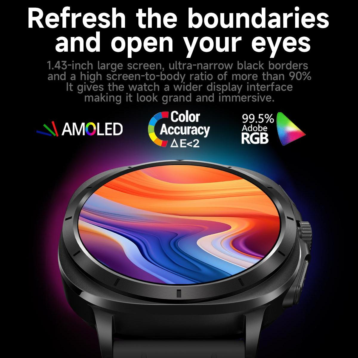 Schwarze Smartwatch auf schwarzem Hintergrund. AMOLED-Bildschirm mit farbenfroher Anzeige. Text hebt Bildschirmgröße, Farbgenauigkeit und RGB hervor.