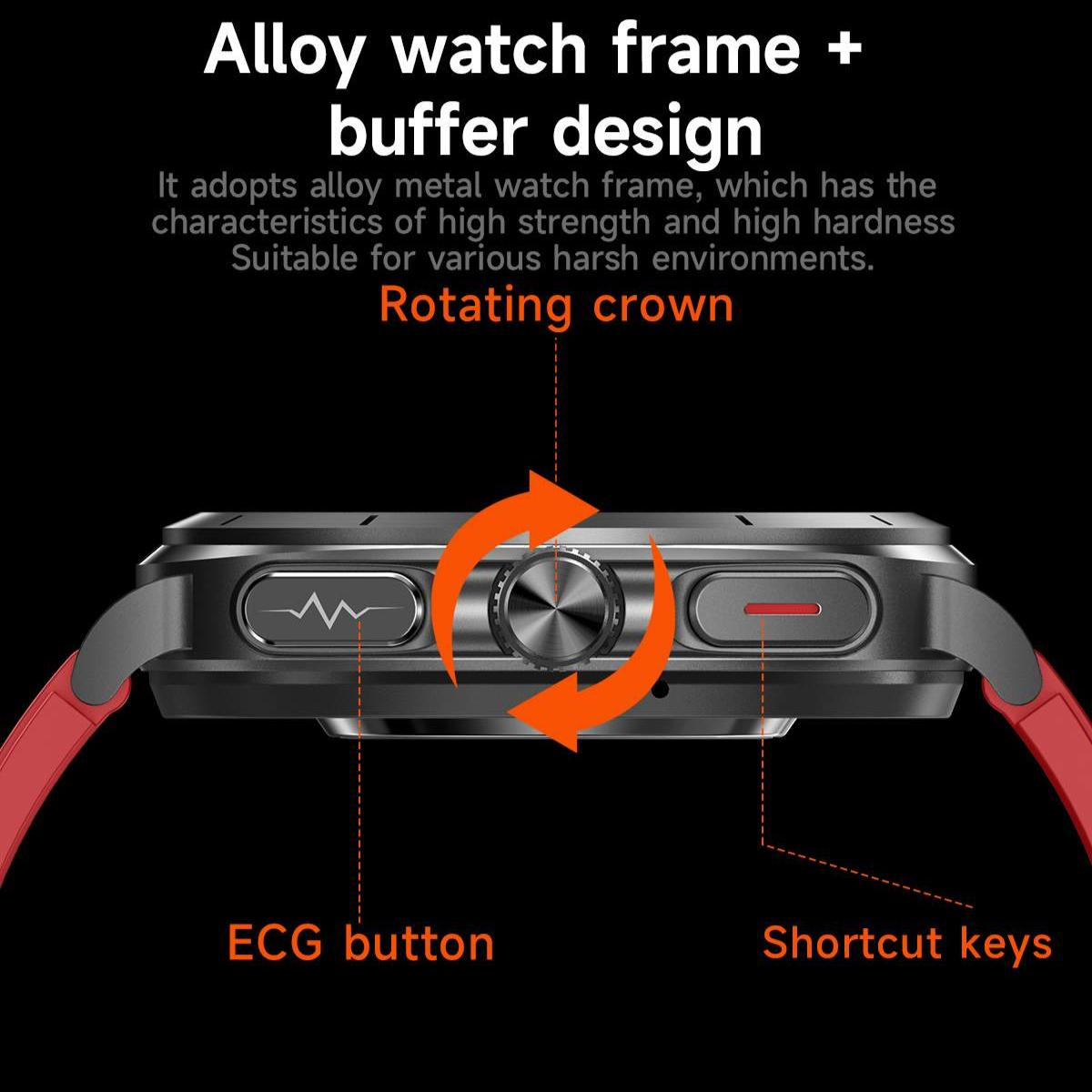Seitenansicht einer Smartwatch mit Metallrahmen, roten Armbändern, EKG-Taste, Verknüpfungstasten und drehbarer Krone mit orangefarbenen Pfeilen auf schwarzem Hintergrund.
