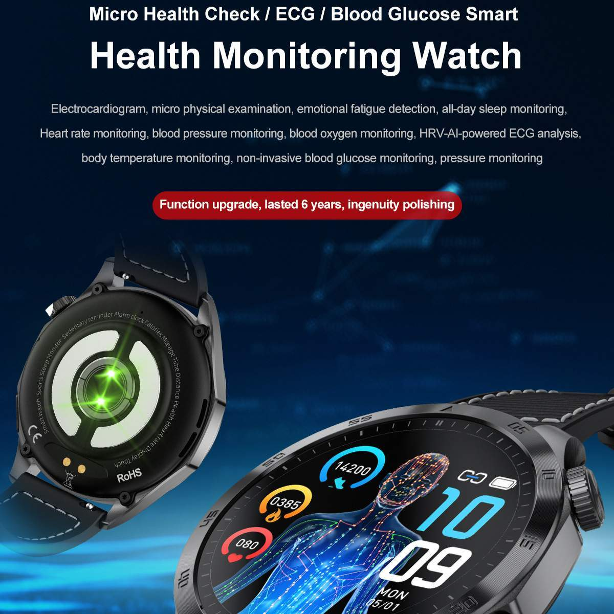 DEBUY EKG Blutzucker AMOLED Zoll Smartwatch steel, Schwarz