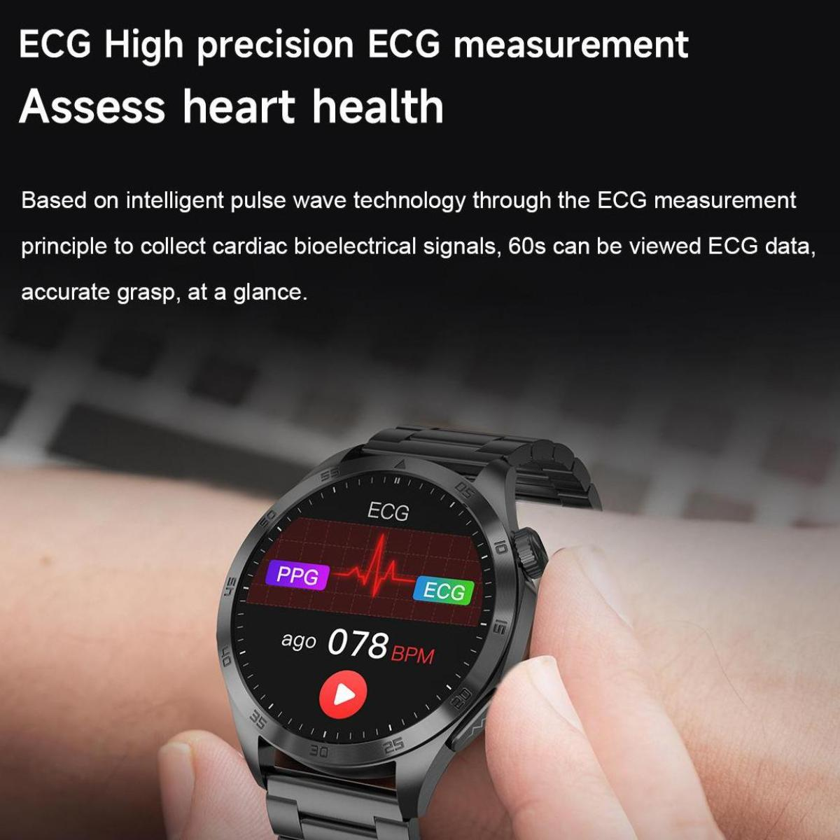 Eine Smartwatch zeigt EKG-Daten an, darunter eine rote Wellenform, eine Herzfrequenz von 78 Schlägen pro Minute und PPG- und EKG-Bezeichnungen.