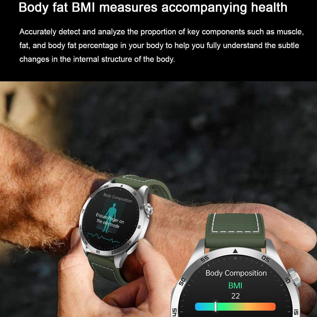 Zwei Smartwatches an Handgelenken zeigen Körperzusammensetzungsdetails. Eine zeigt Anweisungen, die andere BMI 22. Grüne Armbänder, silberne Gehäuse und Haut sind sichtbar.