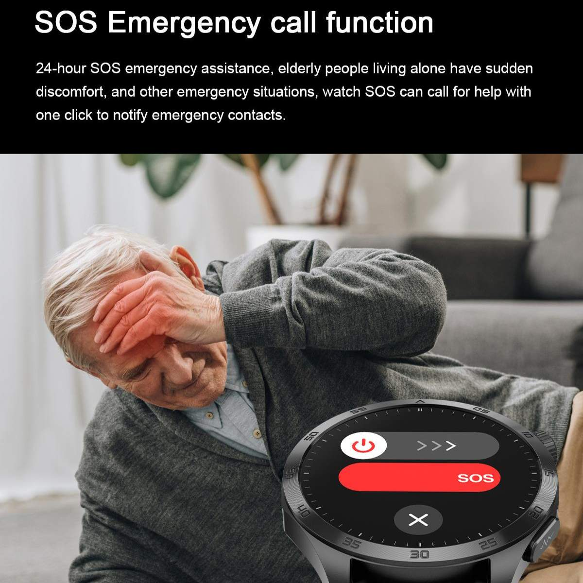 Ein älterer Mann hält sich den Kopf und wirkt bekümmert. Eine Smartwatch zeigt eine SOS-Notruffunktion mit roter Taste.
