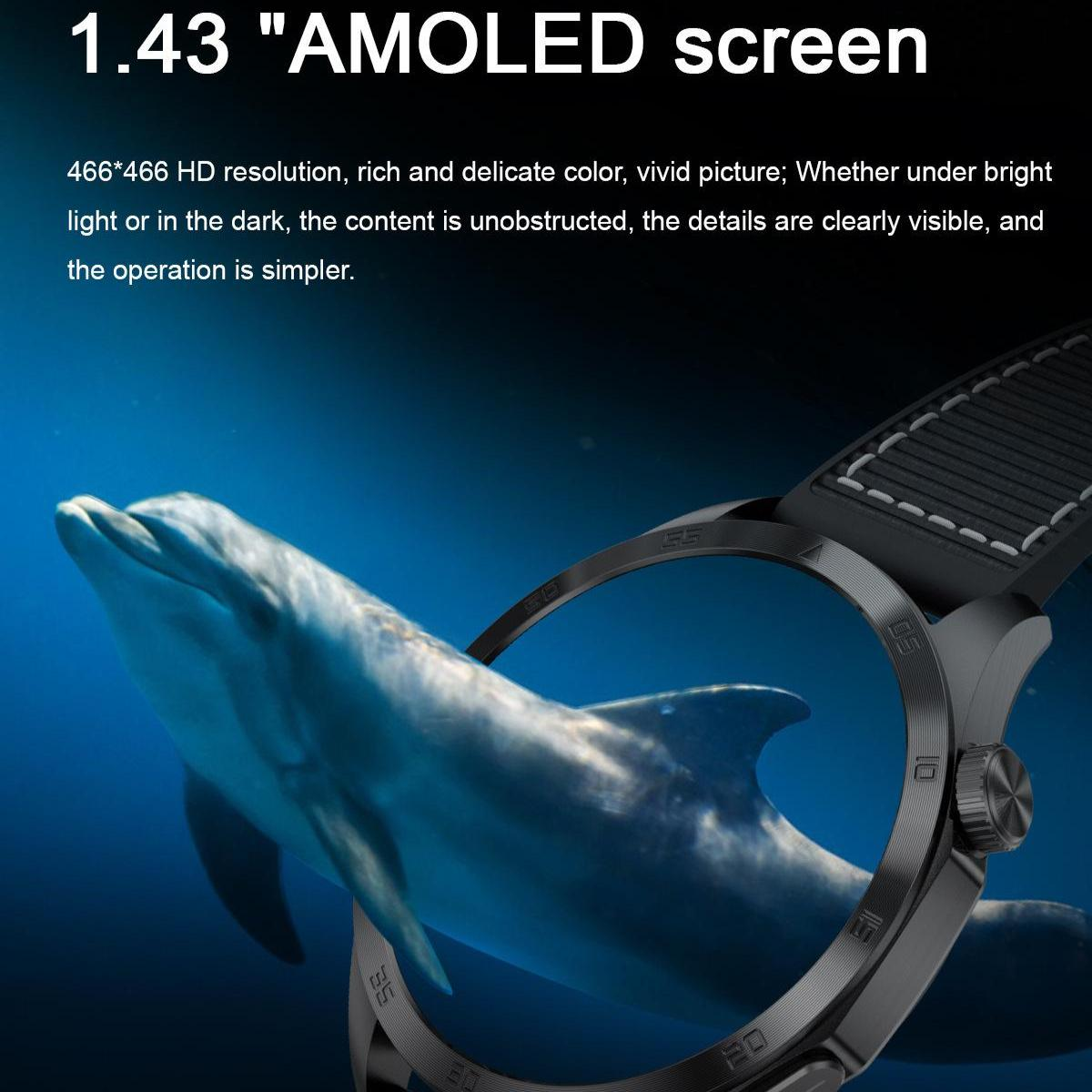 Eine Smartwatch mit schwarzer Lünette und Armband. Ein Delfin schwimmt unter Wasser, sichtbar durch das Zifferblatt. Text oben: AMOLED-Bildschirm.
