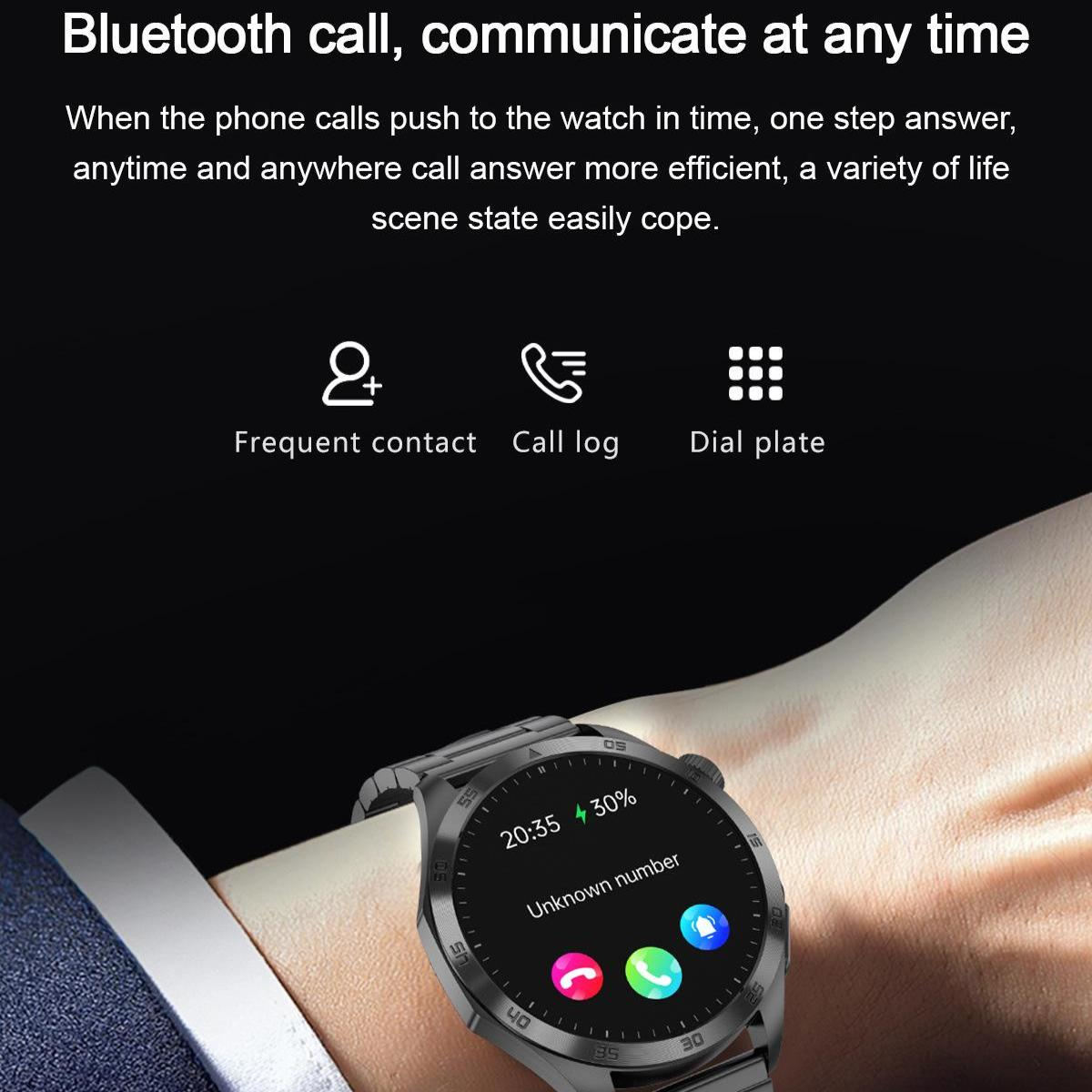 Eine Smartwatch zeigt einen Anrufbildschirm mit Uhrzeit, Akku und unbekannter Nummer an. Es ist an einem Handgelenk, mit Symbolen für Kontakt, Anrufliste und Wähltastatur.