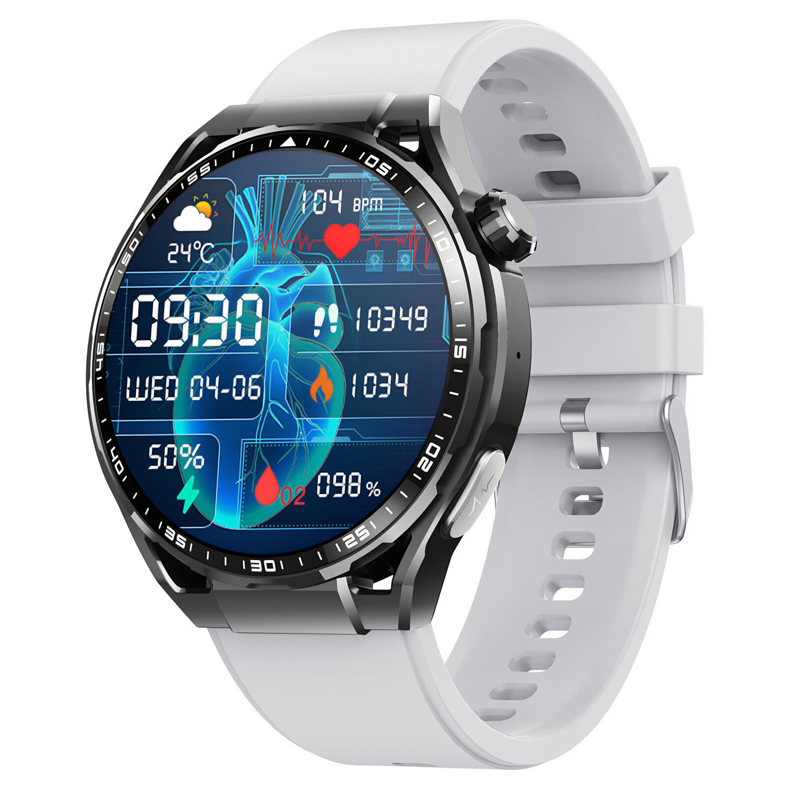 Eine Smartwatch mit weißem Armband, die Gesundheitsdaten anzeigt: Zeit, Herzfrequenz, Schritte, Wetter und Akkustand.