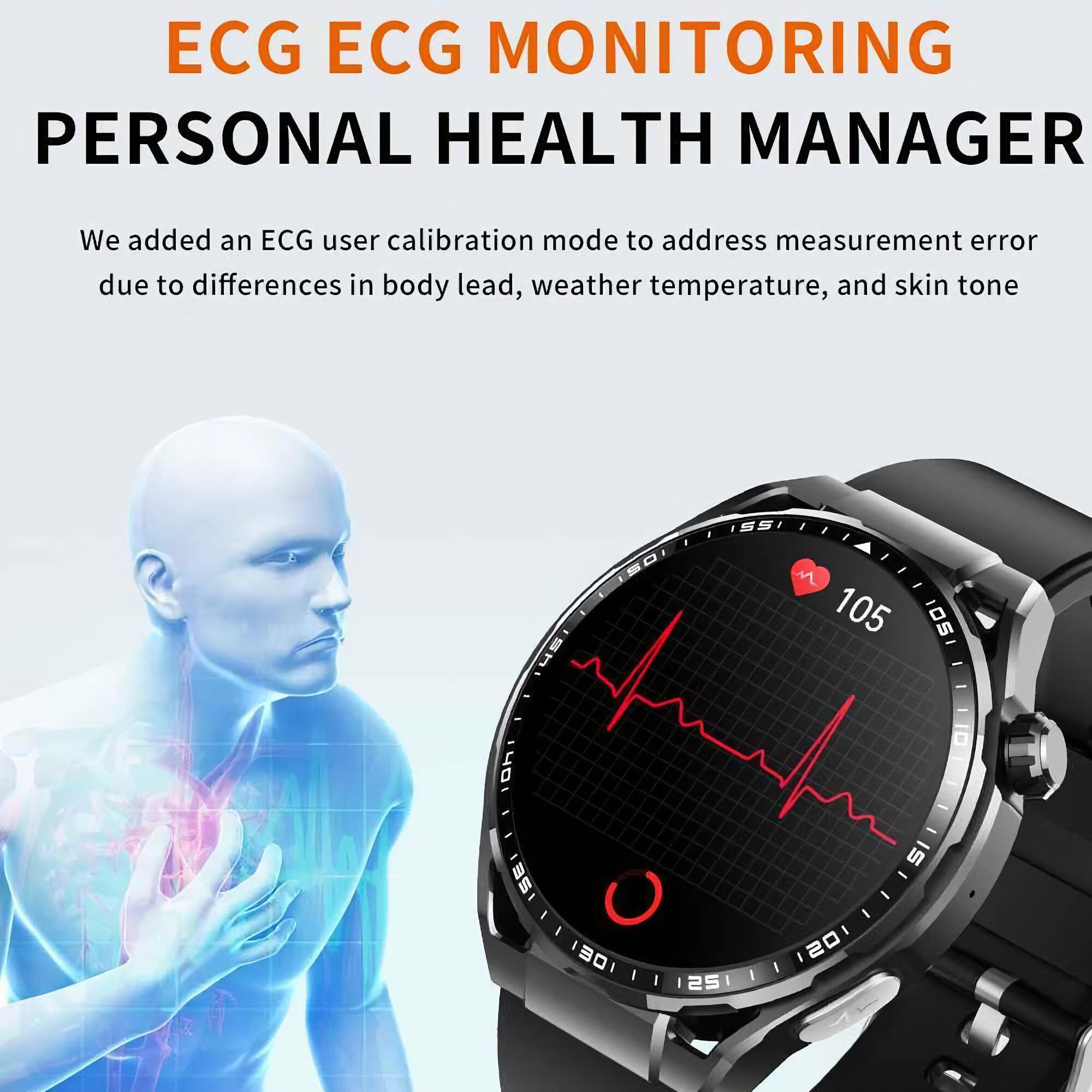 Eine EKG-Smartwatch zeigt ein rotes Herzrhythmusdiagramm und Vitalwerte an. Eine blaue menschliche Figur auf der linken Seite. Text oben.