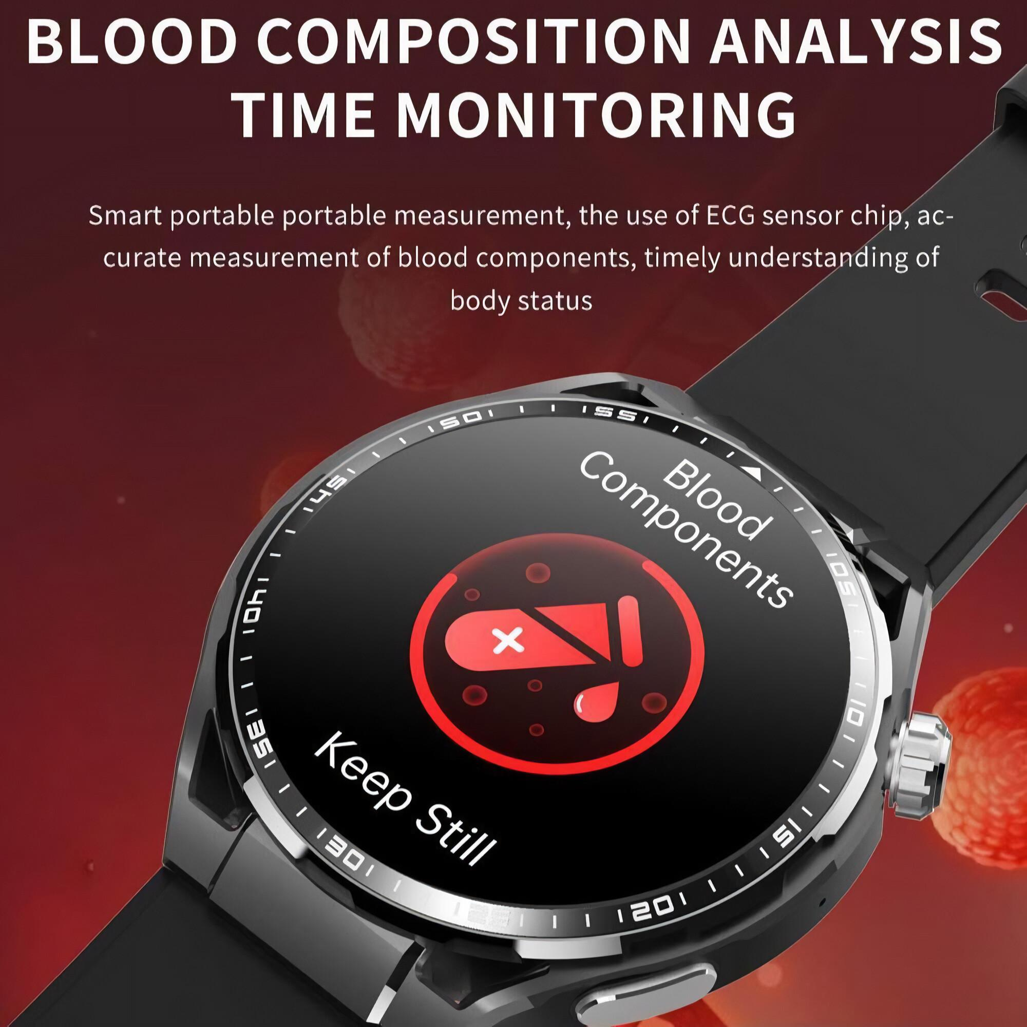 Smartwatch, die Blutbestandteile anzeigt. Das Zifferblatt zeigt ein Blutstropfensymbol mit einem Kreuz und den Worten Keep Still.