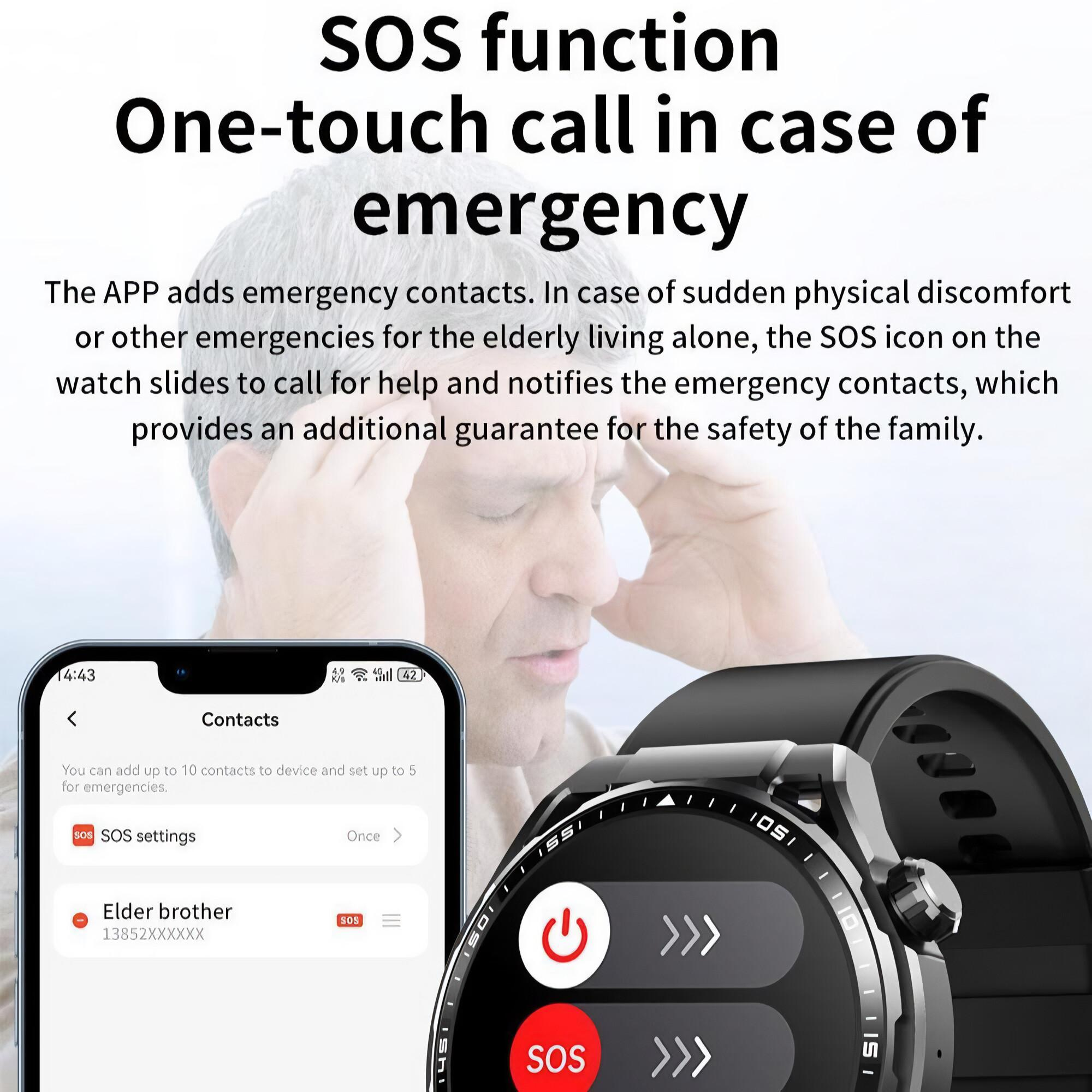 Das Bild zeigt eine Smartwatch mit SOS-Funktion. Ein Telefon zeigt Notfalleinstellungen. Im Hintergrund ist ein Mann zu sehen.