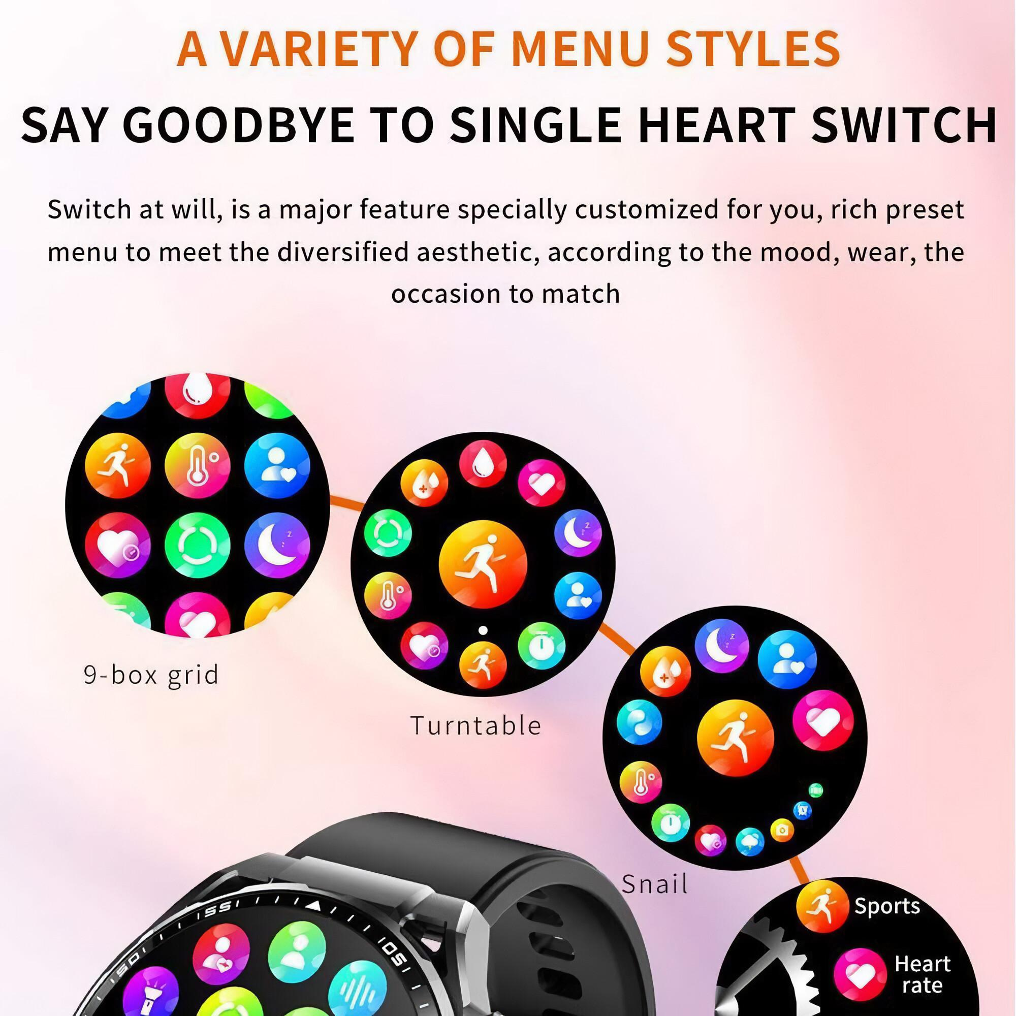 Das Bild zeigt eine Smartwatch-Oberfläche mit verschiedenen Menüstilen: 9-Box-Raster, Plattenspieler und Schnecke. Text wirbt für Menüanpassung.