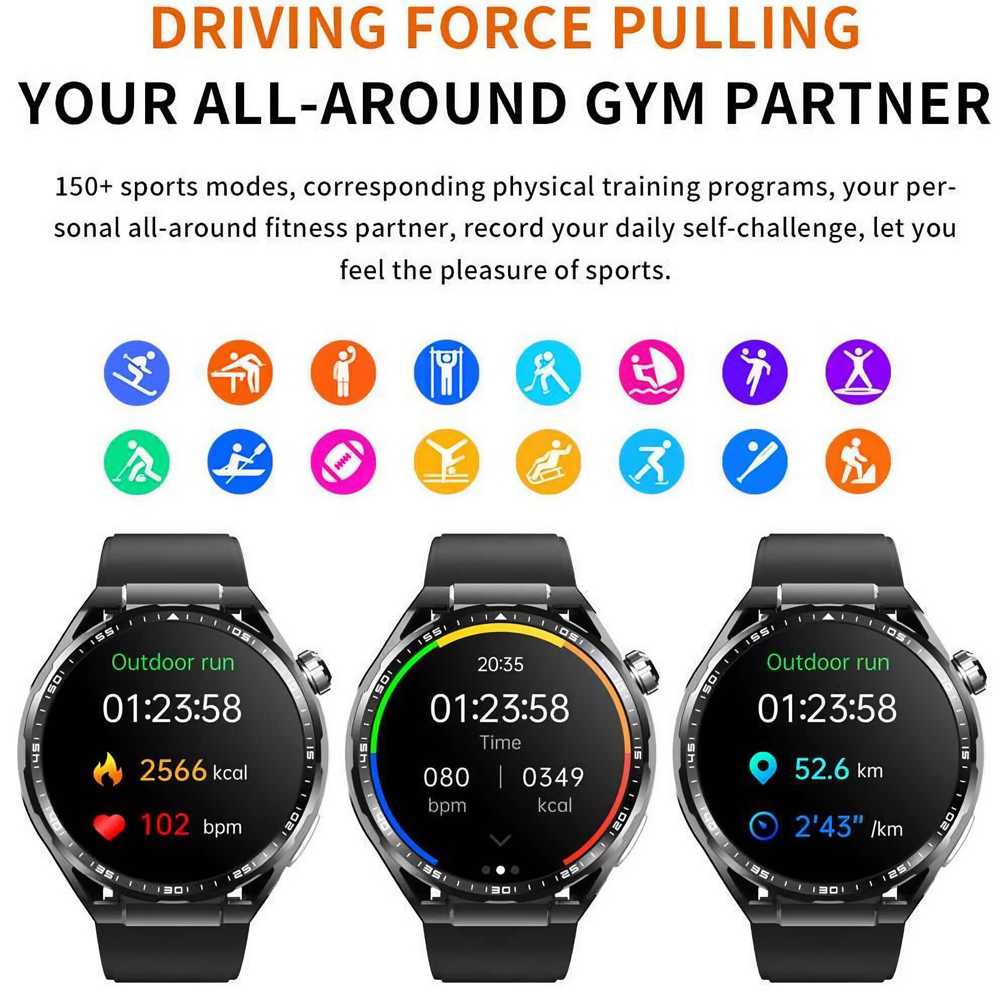 Smartwatch mit Sportmodi, die Zeit, Herzfrequenz und Distanz anzeigen. Oben farbige Icons verschiedener Sportarten.