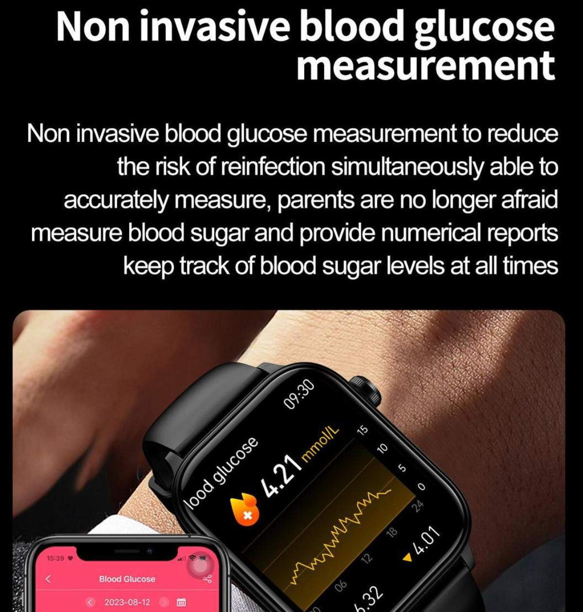 Handgelenk mit Smartwatch, die Blutzuckerwerte anzeigt. Darunter ein Telefon mit Blutzucker-App.