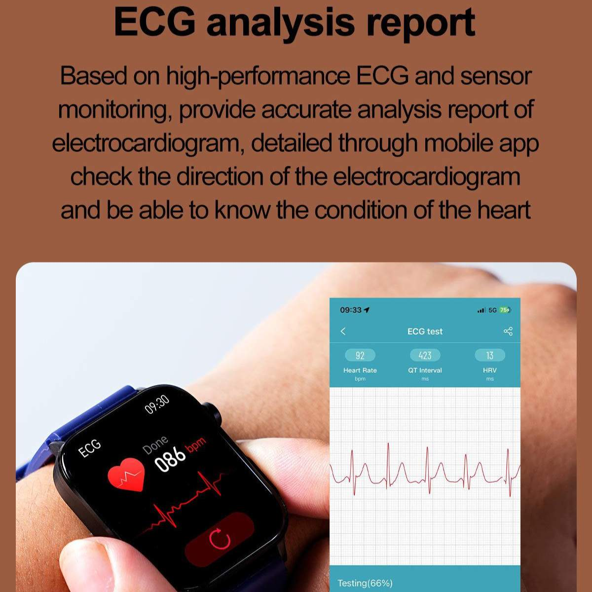 Eine Smartwatch zeigt ein EKG-Diagramm und die Herzfrequenz. Der Bildschirm zeigt eine rote Herzfrequenz und die Zahl 086. Weitere Daten werden angezeigt.