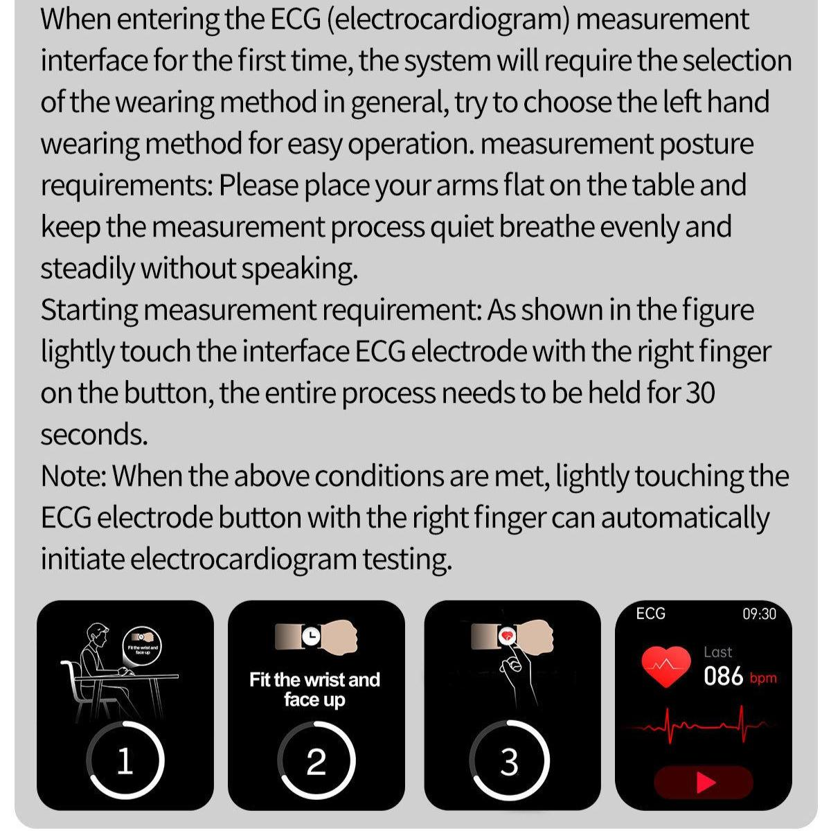 Anweisungen zur EKG-Messung. Abbildungen zeigen Armplatzierung, Handgelenkspassung, Fingerberührung und EKG-Auslesung.