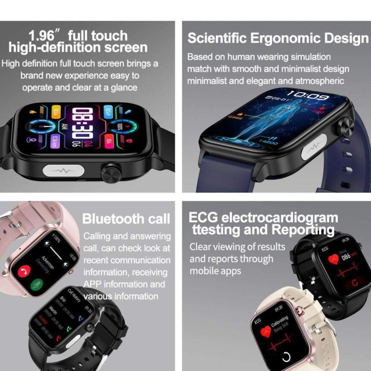 Smartwatches mit verschiedenen Funktionen werden angezeigt, darunter Zeit, Gesundheitsdaten und Anruffunktionen, die Design und Fähigkeiten zeigen.