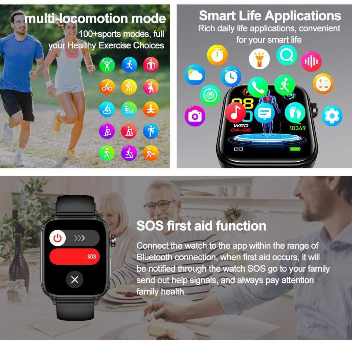 Werbung für eine Smartwatch mit ihren Funktionen, darunter Trainingsmodi, Smart-Life-Anwendungen und SOS-Erste-Hilfe-Funktion.