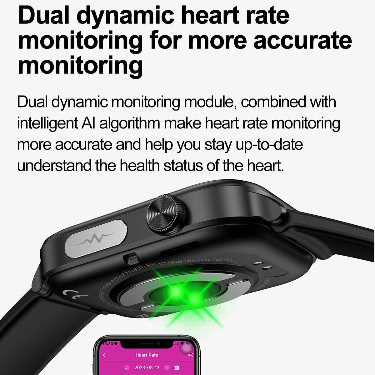 Eine schwarze Smartwatch mit grünem Licht und ein Telefon, das Herzfrequenzdaten anzeigt, mit Text über die Herzfrequenzüberwachung.