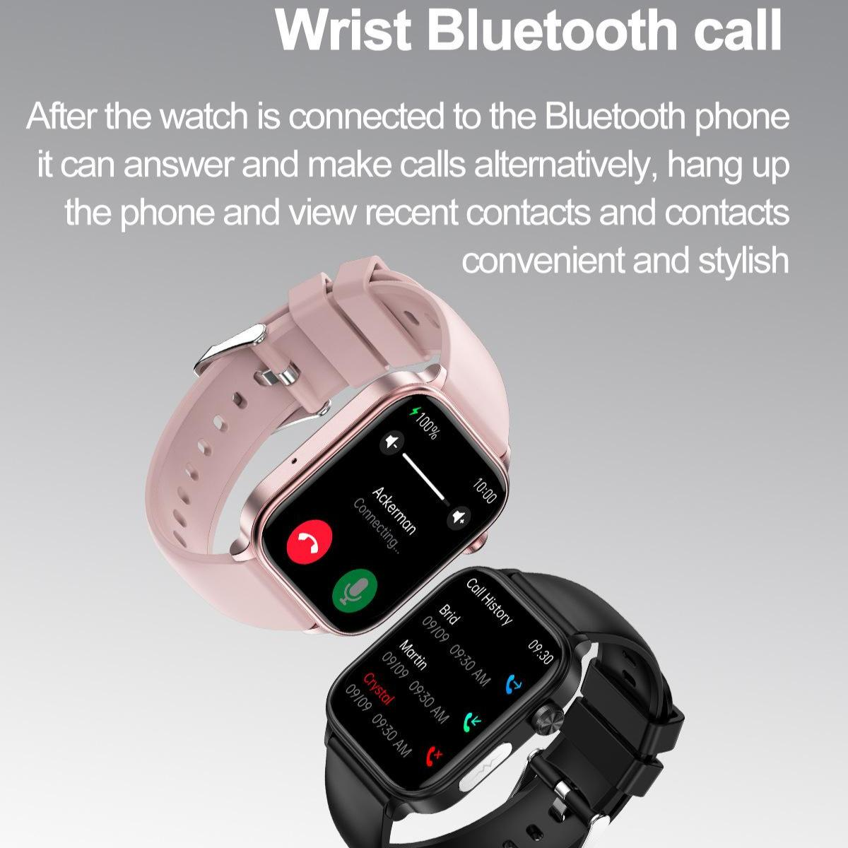 Zwei Smartwatches, eine rosa und eine schwarze, zeigen Anrufschnittstellen. Die rosa Uhr zeigt einen laufenden Anruf, die schwarze einen Anrufverlauf.