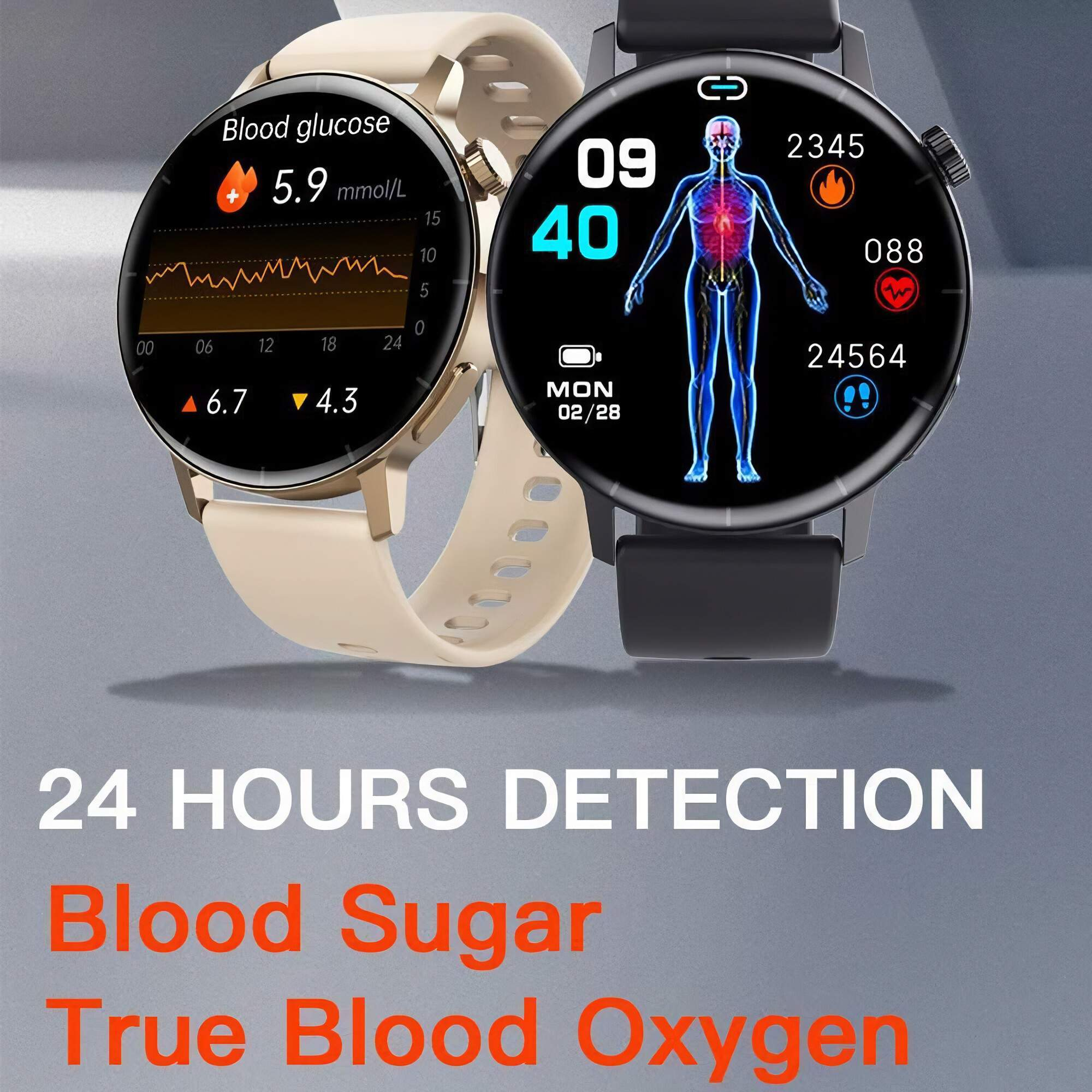 Zwei Smartwatches zeigen Gesundheitsmetriken: Blutzuckerspiegel, Uhrzeit und Körperdaten auf dunklem Hintergrund.