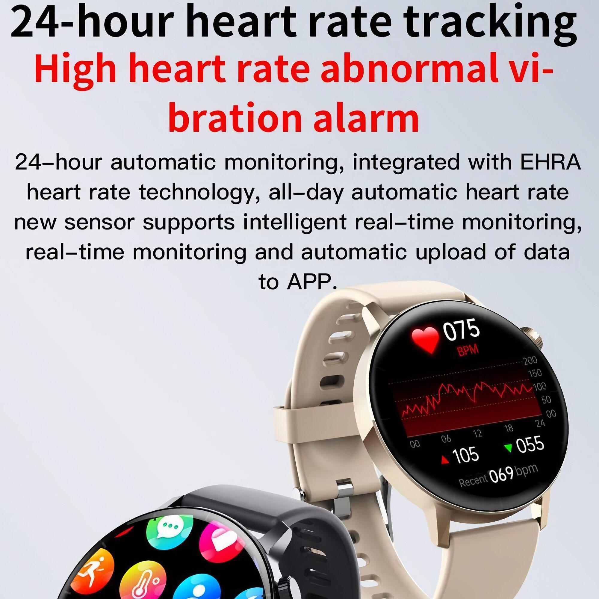 Eine Smartwatch zeigt Herzfrequenzdaten mit einem roten Herzsymbol und einem Diagramm an. Text zeigt 075 BPM an. Die Uhr ist beige und schwarz.