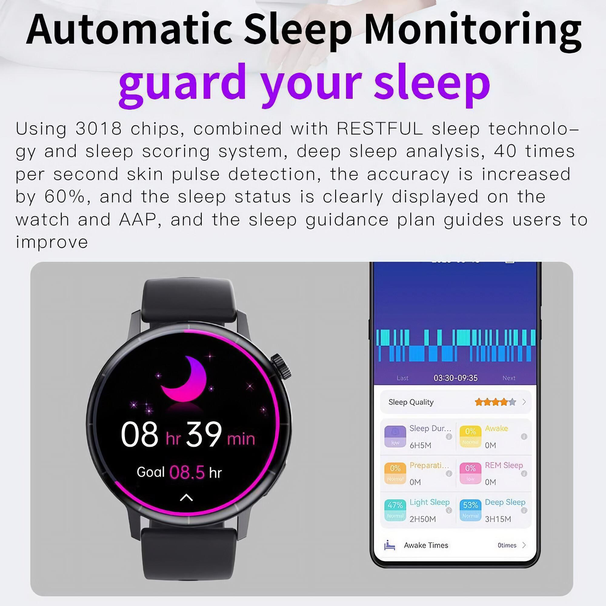 Eine Smartwatch zeigt Schlafinformationen an: Dauer, Phasen und Wachzeiten. Der Bildschirm zeigt auch einen lila Mond.