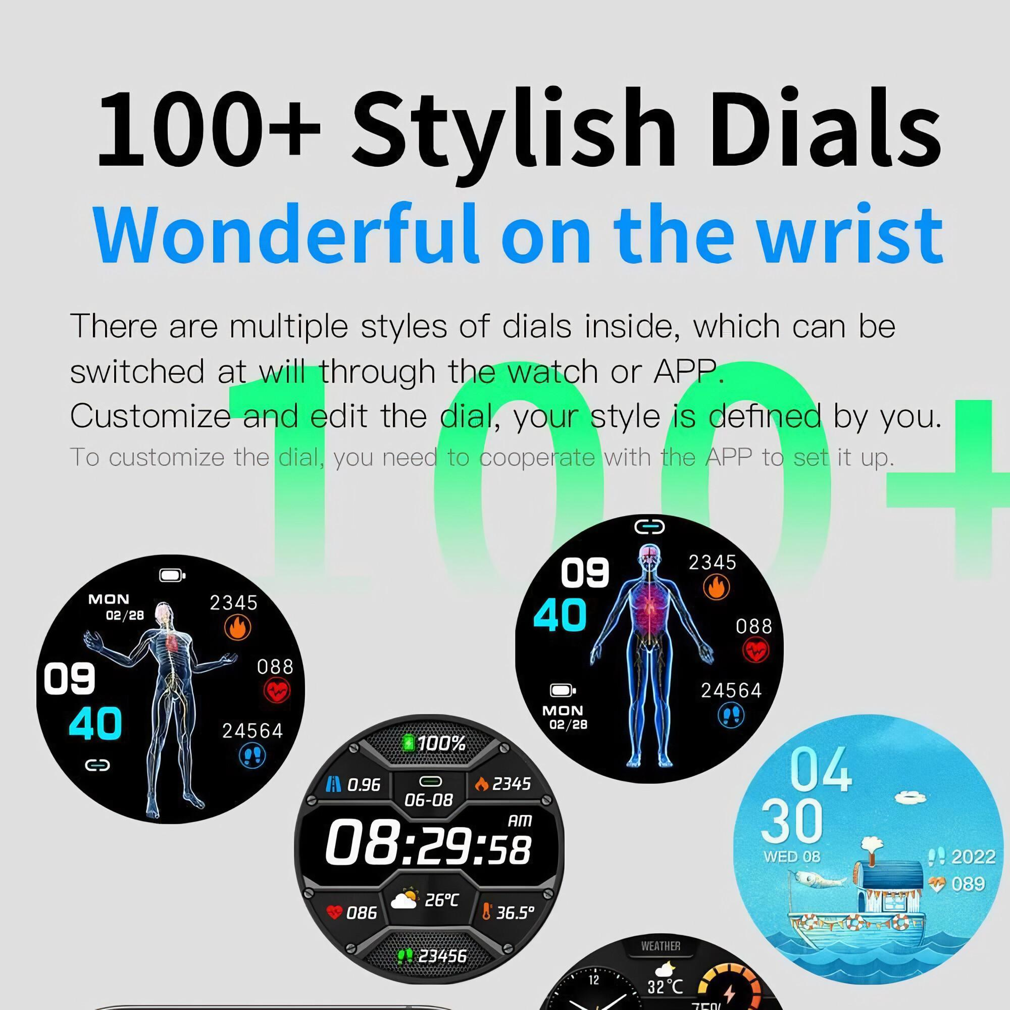 Das Bild zeigt eine Smartwatch mit mehreren Zifferblattoptionen. Text hebt stilvolle Zifferblätter und Anpassungsfunktionen hervor.