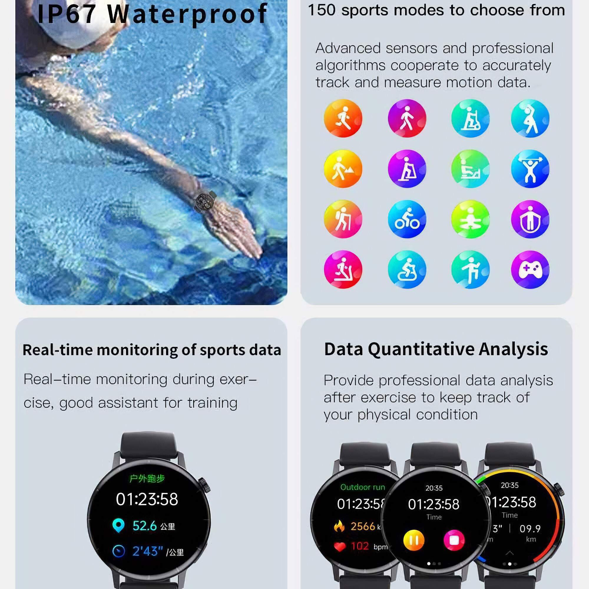 Eine Person schwimmt in einem Pool mit einer Smartwatch. Das Bild zeigt Sportmodi und Datenanalysefunktionen der Uhr.