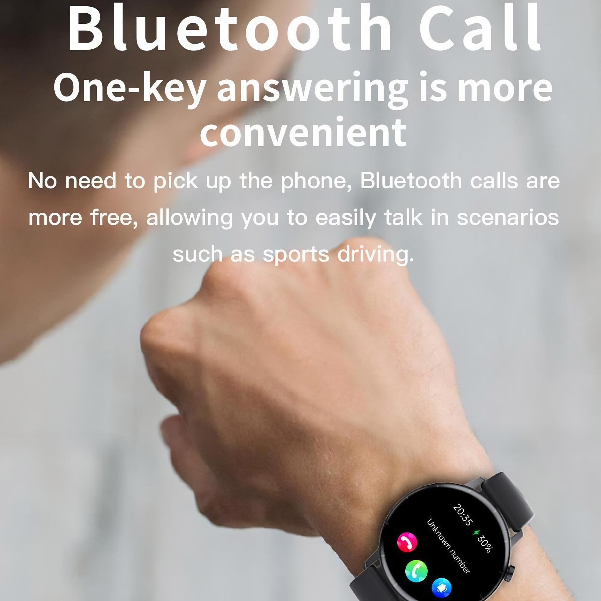 Das Handgelenk einer Person zeigt eine Smartwatch mit einem eingehenden Anruf. Der Bildschirm zeigt Zeit, Akku und Anrufoptionen.