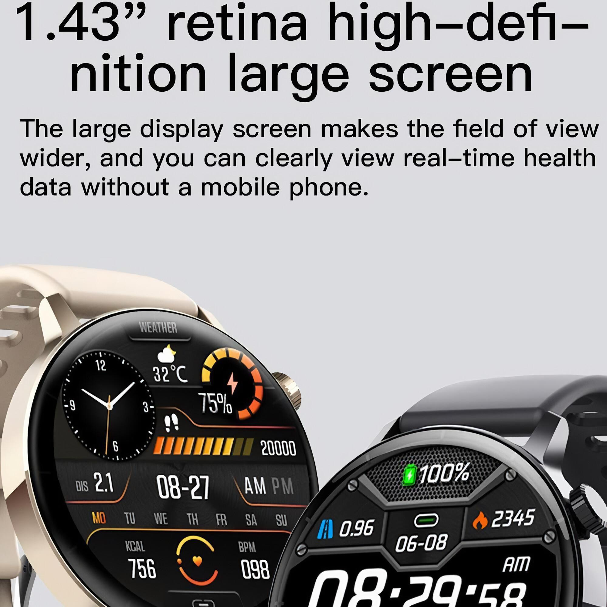 Smartwatch zeigt Gesundheitsdaten, Wetter, Zeit und Akkuprozentsatz. Die Uhr ist schwarz und gold.